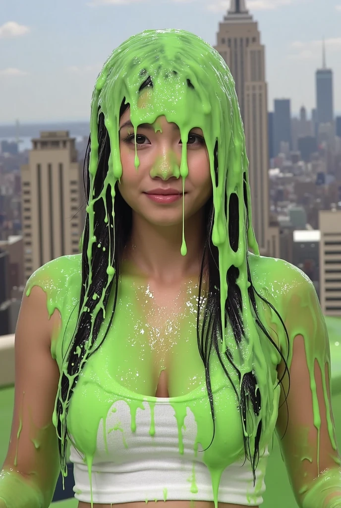 8k, hd, masterpiece, (hyper realistic: 1.3), extremely detailed, hyper texture, (21-year-old Chinese model: 1.7), 1 woman, black lacy dress, cleavage, thick eyeliner, long eyelashes, heavy makeup, straight black hair, photo shoot, portrait photography, lens flairs, city street at night, beautiful face, delicate eyes, waste up, sexy, alluring, sultry, (thick green slime drips down top of head: 1.8)