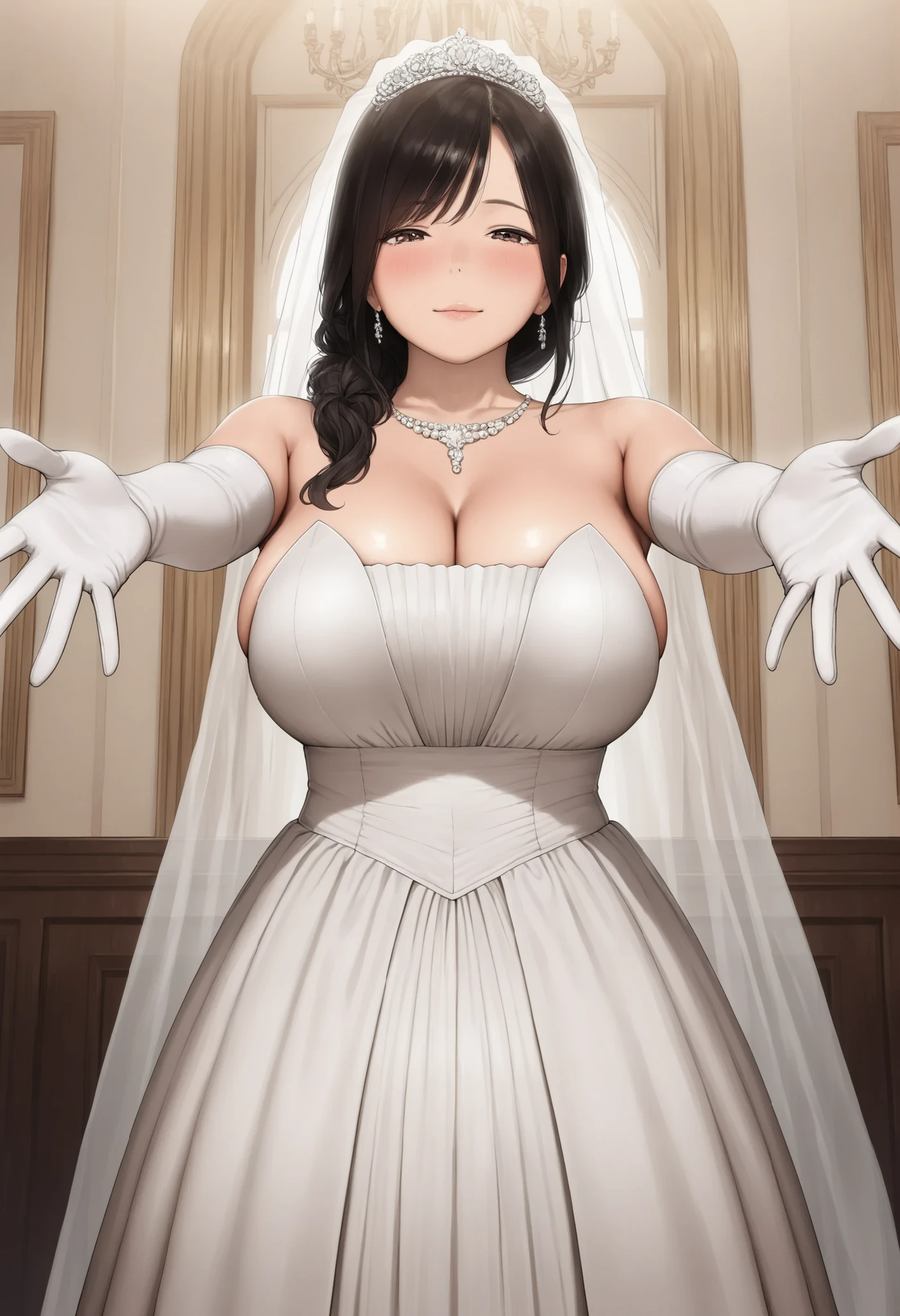((anime artstyle)),(((Masterpiece))), ((Best Quality)), ((Super Detail)), Illustration, (((Very Delicate and Beautiful))),Dynamic Angle,Looking at viewer,((((Solo)))),June bride,((((1 arrogant empress in white wedding dress having a wedding ceremony in a royal palace)))), in the flower garden,((((Full body)))),(standing),(((smile))),(blash),Purple eyes,(Sharp eyes),Detailed Face, Long Eyelashes,Jet Black Hair,(Straight Hair),((Very Long Hair)),Bangs between eyes, ((((gigantic breasts)))),cleavage,skindentation,curvy,See-through,(((fusion of white wedding dress and white rococo ball gown))),(fluffy white wedding dress with gorgeous embroidery),((hoop skirt)),long skirt,corset,crinoline,(long wedding veil),opera gloves,finely decorated jeweled big tiara, gem earrings,finely decorated necklace,Beautifully jeweled ornaments,indoor,((white lily flowers)), flower petals flowing,Stained glass,light particles,