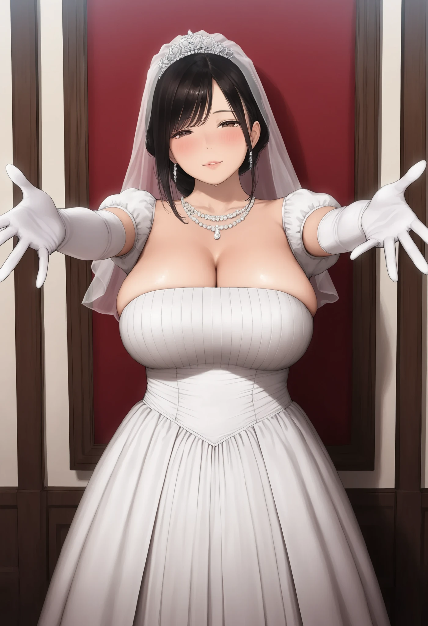 Miss((20 years old)), hair((Black)), Eye((smart Eye, Black)), clothing((White lace, White wedding dress, Wedding dress)), hair bun, Headdress, veil, bouquet, huge , (((Large Breasts、Breast sagging、Low-cut,Cleavage ,Wide hips,)))((Long legs)),Hourglass figure)), Smile, Korean makeup, bold makeup, white church, wedding in church,
