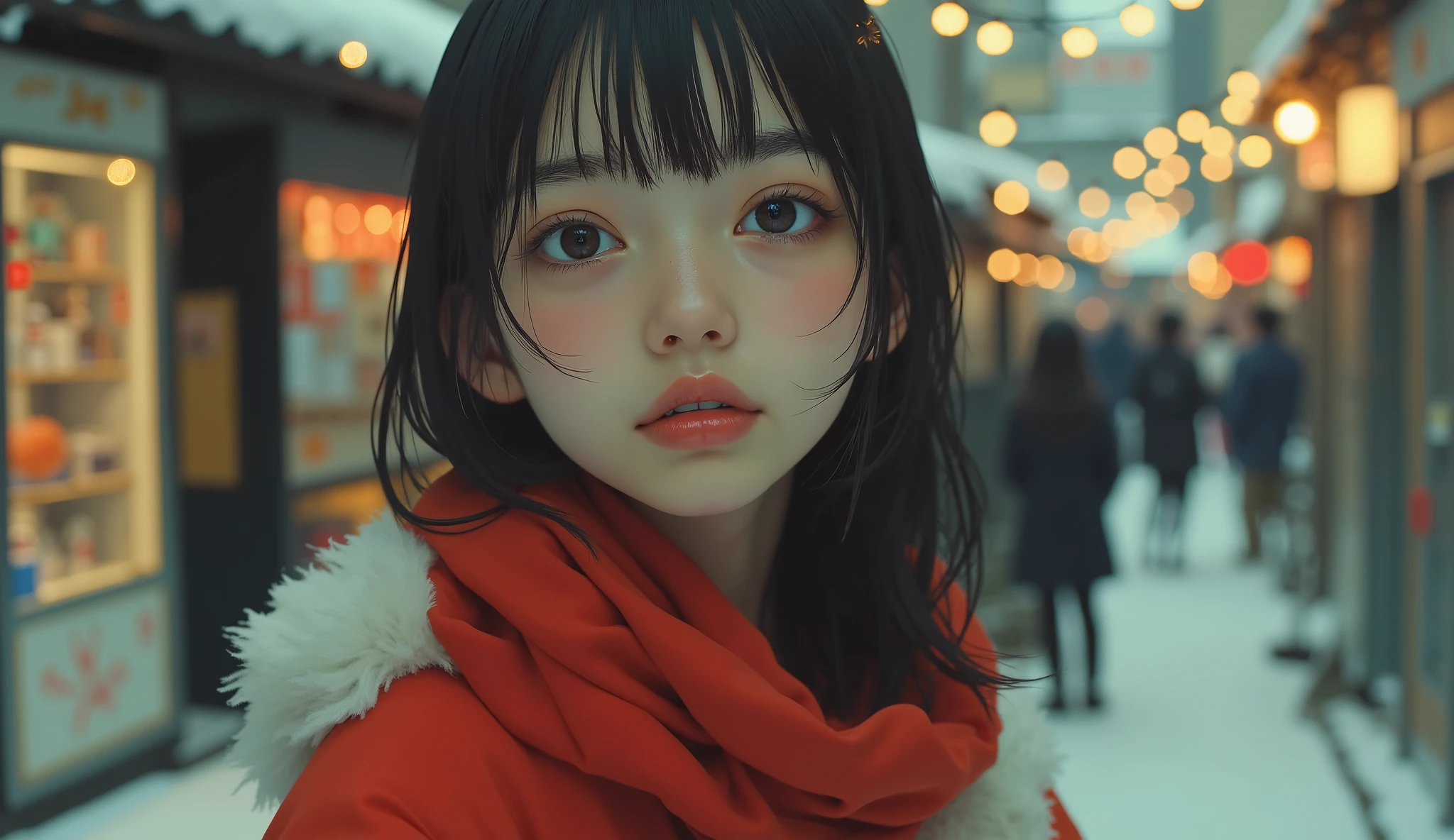 Japanese girl in Santa Claus costume, smile,beautifully detailed eyes, droopy eyes,beautiful detailed lips, very detailed faces and hair , long lashes, intricate and detailed texture of fabric , Santa hat, Christmas light , snowy winter background , (Highest Quality,4K,8k,high resolution,masterpiece:1.5),ultra detail,(realistic,photorealistic,photo-realistic:2.0),bright colors,cinematic lighting,Soft Bokeh
