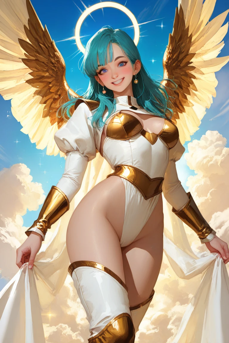 (Masterpiece, Best Quality, High Quality),volumetric lighting, illustration, beautiful,Kousaka honoka, cowboy shot, blue eyes, orange hair, white bodysuit, sexy, goddess wings, gold tiara,on heaven, blue sky , warm smile, thighs