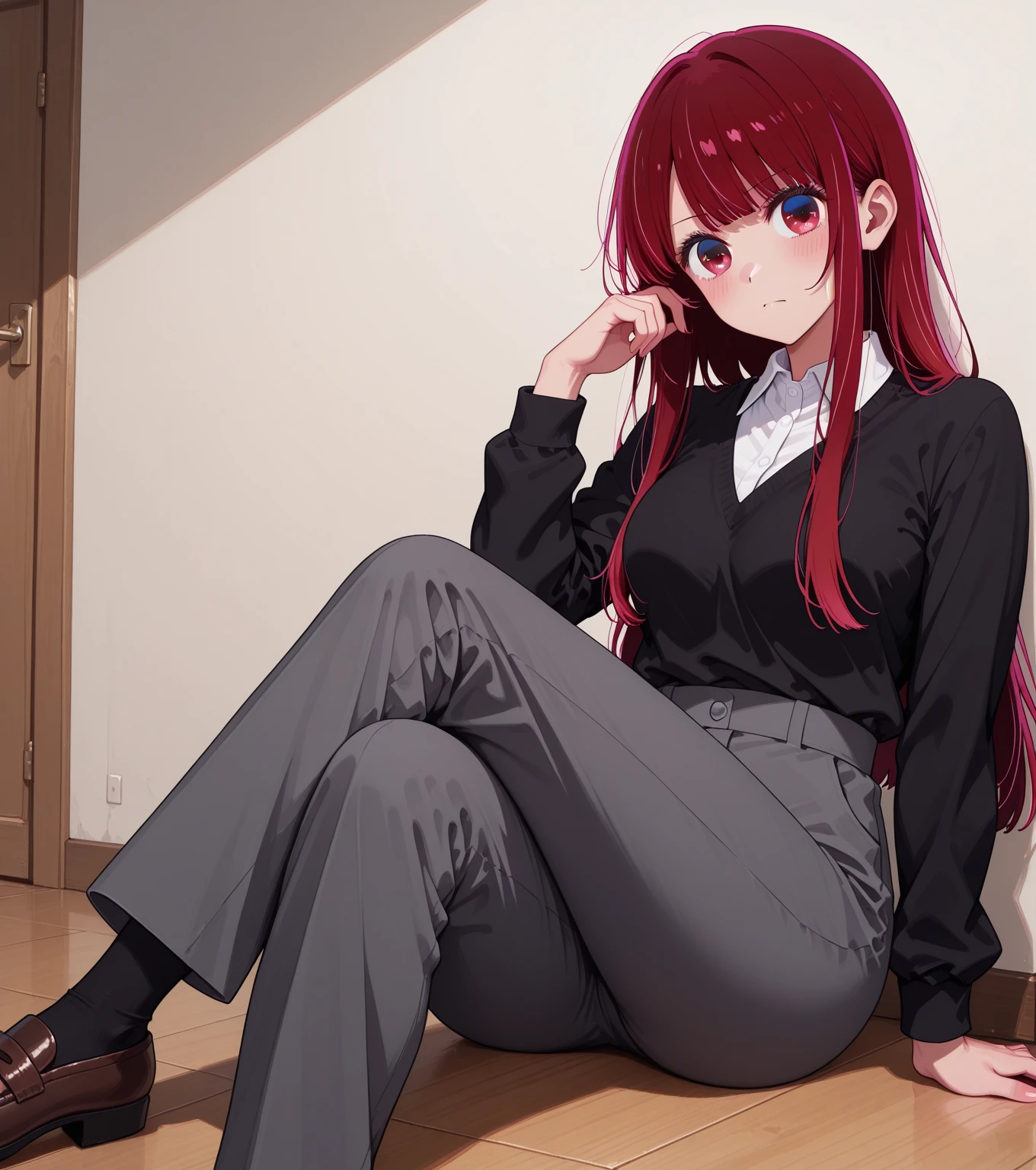 Rin Tohsaka, An 18-year-old Japanese girl with a mature and slender figure, slightly disheveled hair, full body portrait from head to toe, red face, shy expression, composition from the front, composition from slightly below, front view Sitting face to face, legs spread in an M-shape, black pantyhose, (black pantyhose): 1.2), white panties visible, small breasts, white panties visible, no shoes, Bedroom, inside the room, daytime, looking at the viewer, panties, frontal composition, looking at the viewer, slender legs, slender thighs, slim toes touching the floor, soles of the toes A short pleated skirt with a plaid pattern, posing with her hands hidden behind her back, blazer high school uniform, high school girl