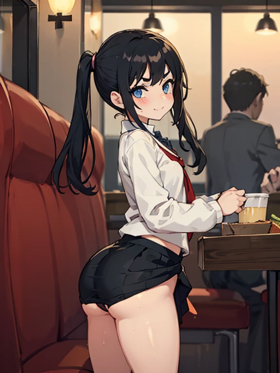 Young girl with black hair, long twintail, twintail hairstyle, (blue eyes), ((small bushy eyebrows)), ( she pulling down her underwear), wearing ta dress, loli, walking to school, flirty smile , suddenly having sex in public, ((doggy style sex)), ((public sex in a restaurant)) naked ass in the male crotch, ), perfect anatomy,(young boy fucking her)