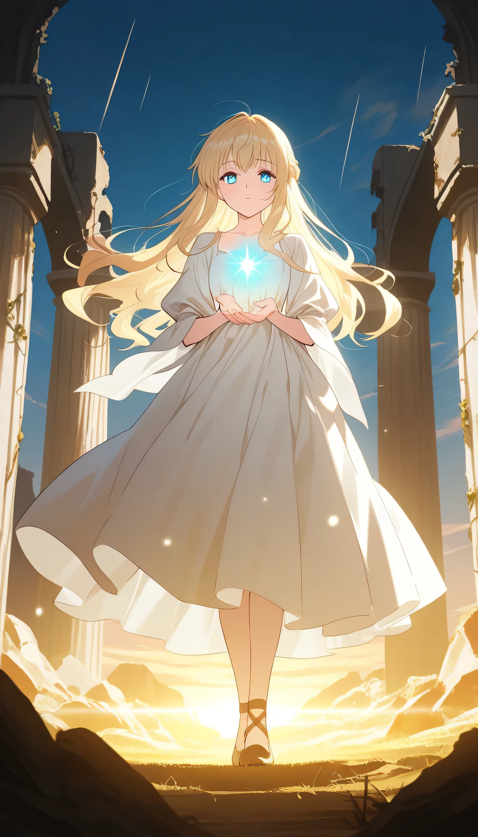 A beautiful young blonde heroine in a long flowing medieval dress stands on a mossy hilltop at twilight, surrounded by mist and ancient glowing ruins. Her eyes are filled with quiet sorrow, gazing into the distance. Ethereal lights float in the air. The atmosphere is dreamy, magical and mysterious. Soft golden light filters through the mist. High fantasy anime art style, soft focus, warm tones.