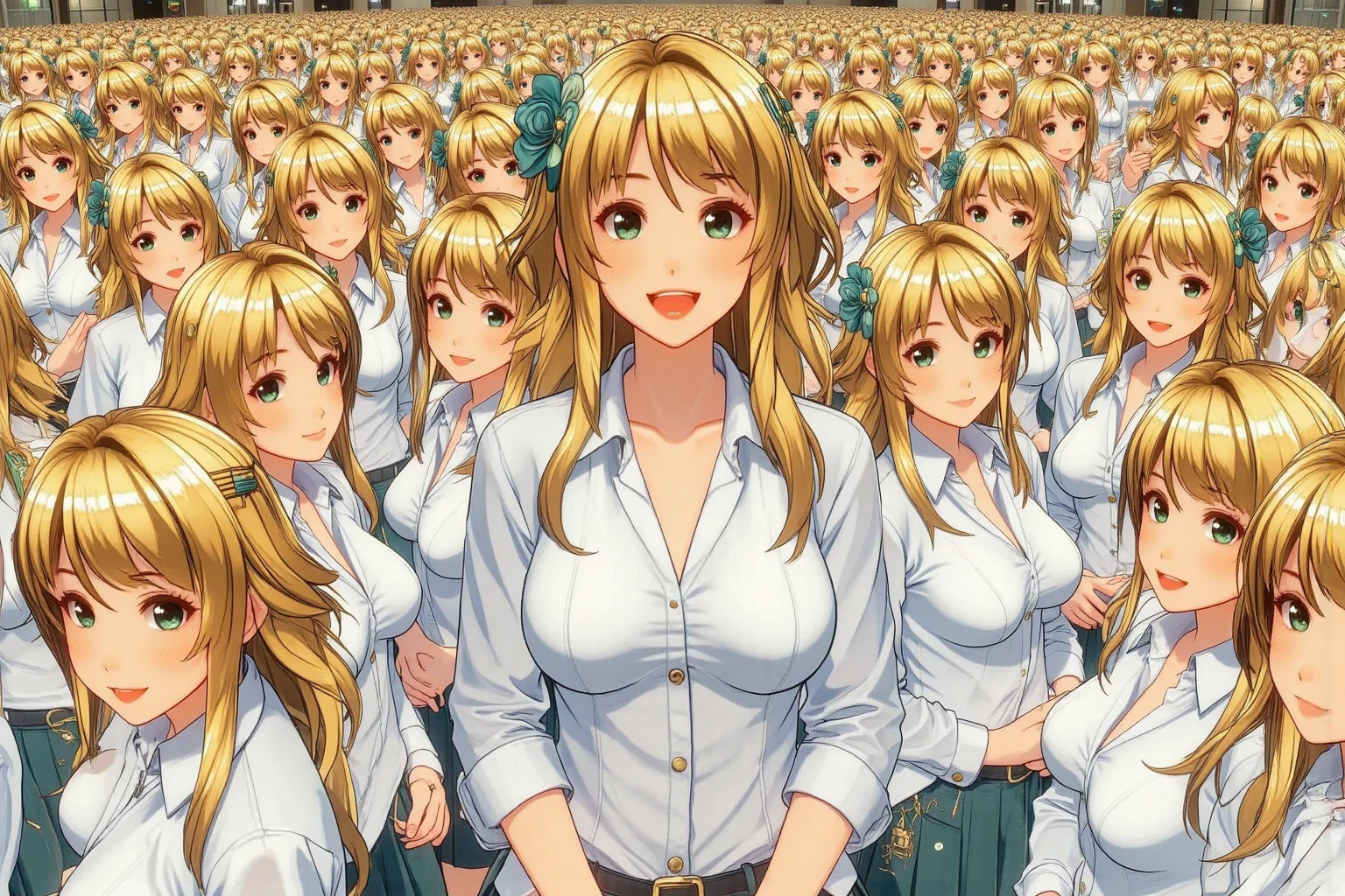 woman、clear、intellectual、womanアナウンサー、Straight Hair、Blonde、Watching the audience、White blouse、Denim tight skirt、Ample breasts、A kind smile