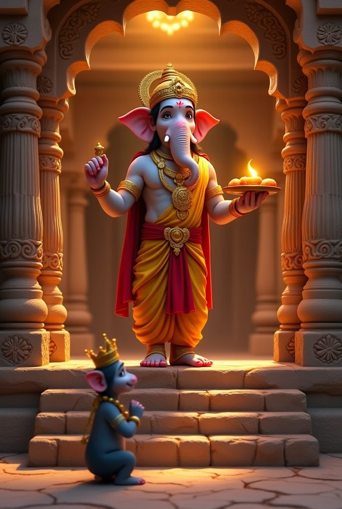 (best quality,4k,8k,highres,masterpiece:1.2),ultra-detailed,realistic:1.37,lord ganesha,traditional Indian art style,lush garden,decorated idol,lotus flower,royal attire,golden jewelry,colourful rangoli,festive atmosphere,holy chant,auspicious blessings,serene expression,sacred incense,heavenly aura,divine presence,dappled sunlight,marigold garland,ornate decorations,elaborate headgear,graceful posture,handsome elephant head,kind eyes,wisdom personified,spreading positive vibes,peace and prosperity,divine energy,harmony and unity,eternal protector,endless wisdom,remover of obstacles,celestial being,symbol of good luck,sacred symbol,beauty and divinity,swaying palm trees,majestic temple,celebration of faith,colorful celebration,divine connection,spiritual enlightenment,chanting mantras,cosmic energy,blessed souls