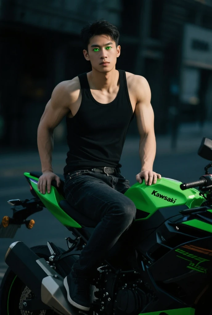 a high-definition, artistic photograph featuring a fit, muscular male model posing shirtless in grey underwear while sitting on a motorcycle. The setting should be an outdoor environment with lush green foliage in the background, conveying a natural and adventurous atmosphere. The model should exude confidence and a sense of freedom, with the motorcycle adding a rugged, dynamic element to the scene. The lighting should be natural, highlighting the model's defined physique and the vibrant colors of the motorcycle and surrounding nature.