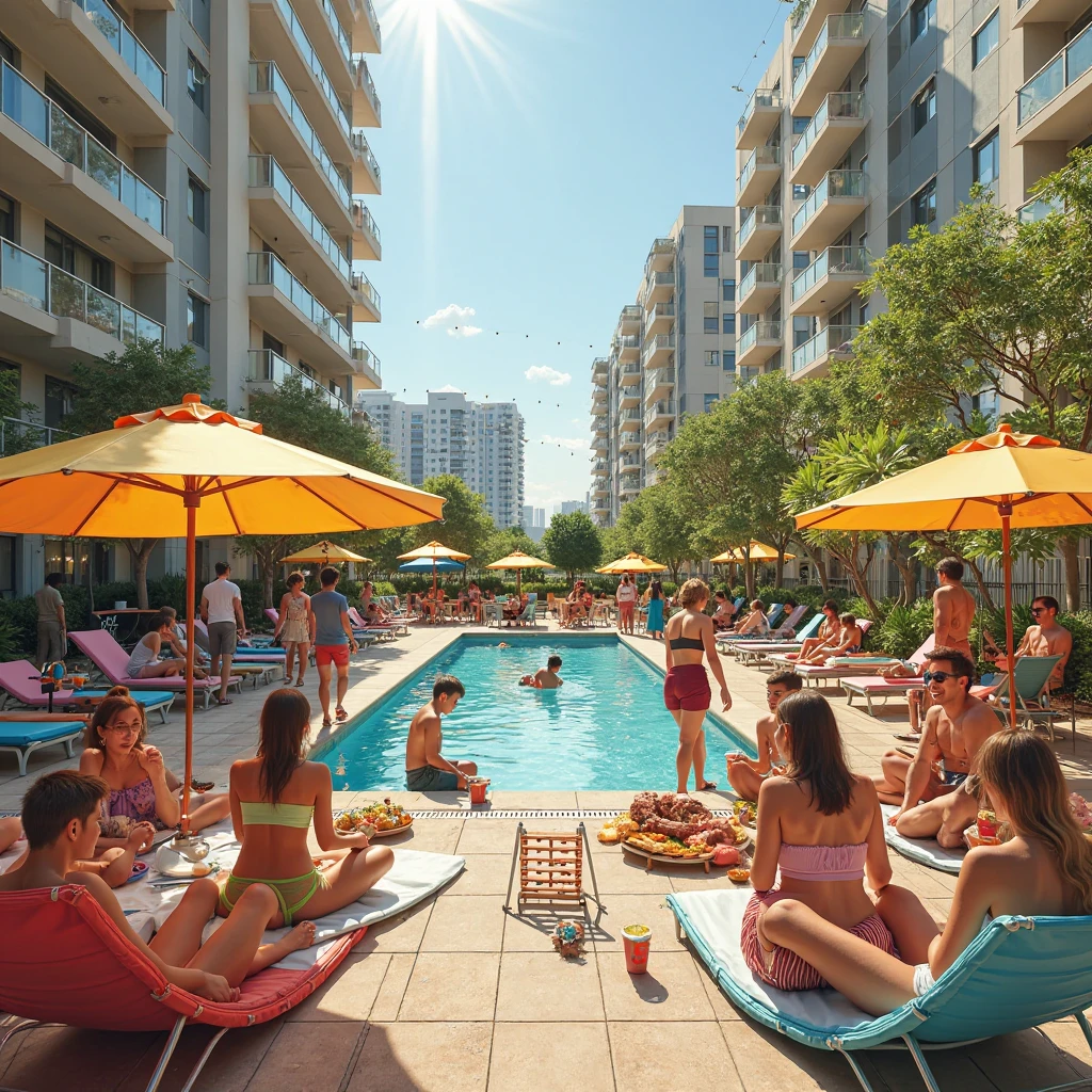 A pool party on the rooftop of a building, palm trees, sunny weather, happy atmosphere, bikini-clad models, girls and boys enjoying themselves