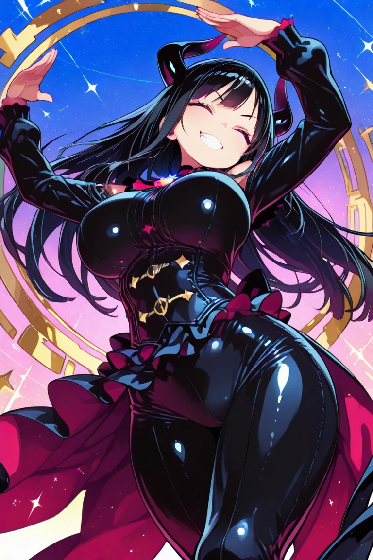 masterpiece,Highest quality,1 Girl,Super detailed,Dark Theme,(Queen of the Races:1.2),Wicked Smile,Flat Chest,corruption,Dynamic Angle,Sweat,Heavy breathing,Sparkling eyes,Genital tattoo,transparent sleeves,(crowd:1.2),juice, (A very wicked smile:1.1), ,,Dark shadowed face,Sadistic smile,Malice,Contempt,smile,latex,Bad face,,two hands,two legs,five fingers,evil background,elbow gloves,latex, Wicked Smile, devilish aura (Shiny fabric:1.5),Evil Darkness,独奏