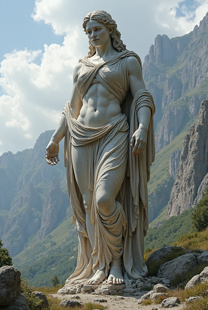Stoic Greek statue , corpo inteiro, with well defined muscles, contemplating the horizon on a mountain on a sunny morning. imagem 8k