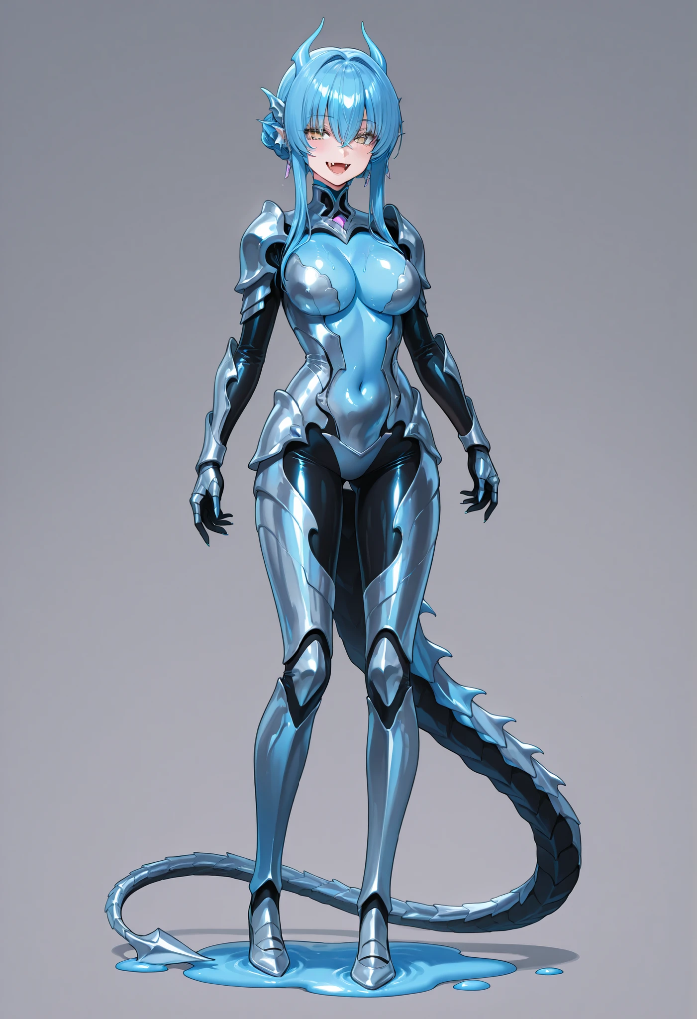Alien fusion girl. HR Giger design elements. Liquid metal body. Slime body. Black image color. Bone armor. Arms transform into monsters. Monster head. Bares fangs. Legs turn into tails. Tail made of spine. Bioluminescent organs.