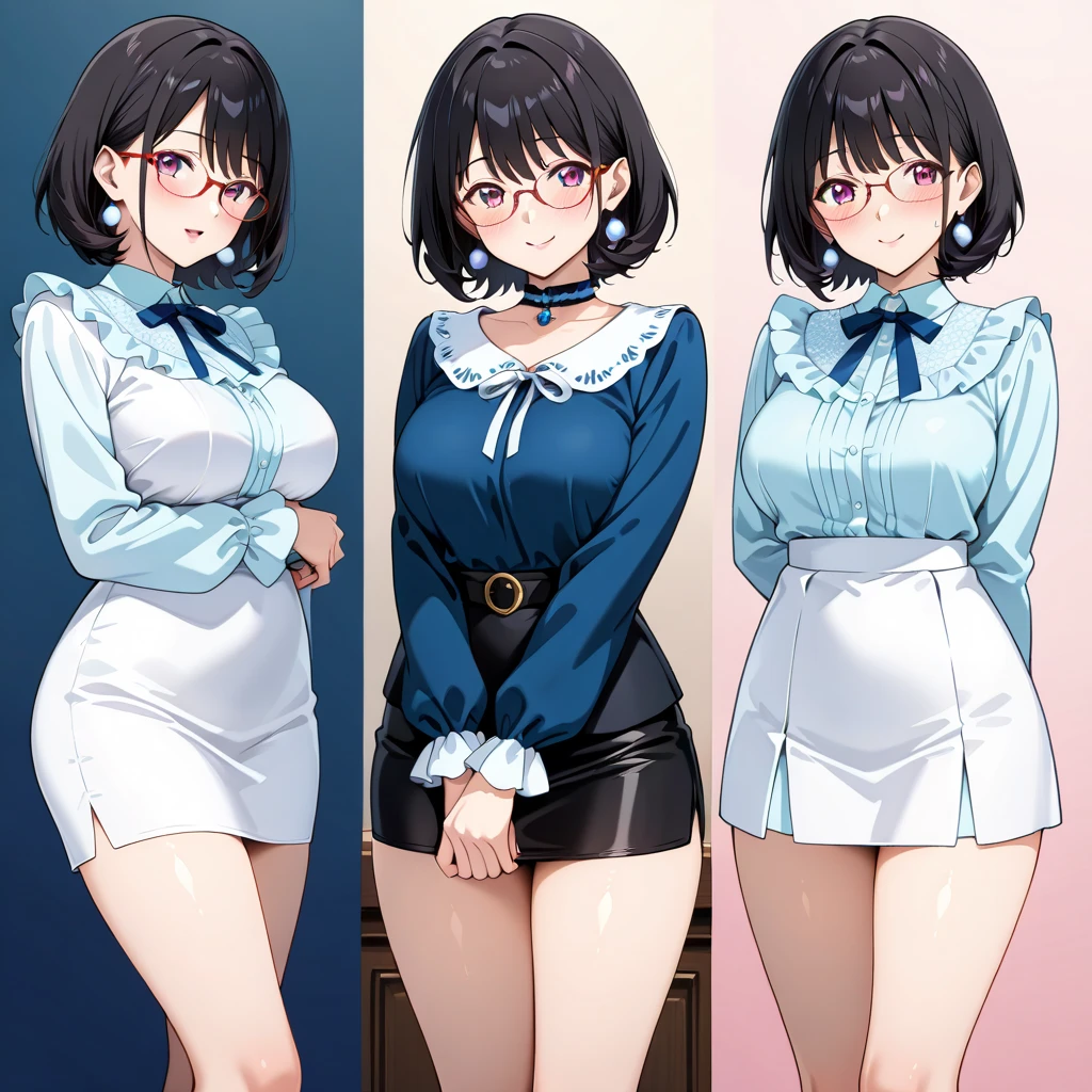 masterpiece, Highest quality, so beautiful, Absurd,
The subject is one girl, ,Black Hair, Bobcut,Thermont 16A, Glasses, 
Collared shirt, Flared long skirt、Smiling and sticking out tongue、Armpit Hair、Hair growing under the arms、She is raising her arms to show her armpits to the camera、View your viewers, White Background, Simple Background,The subject&#39;s entire body is captured、NSFW、
 