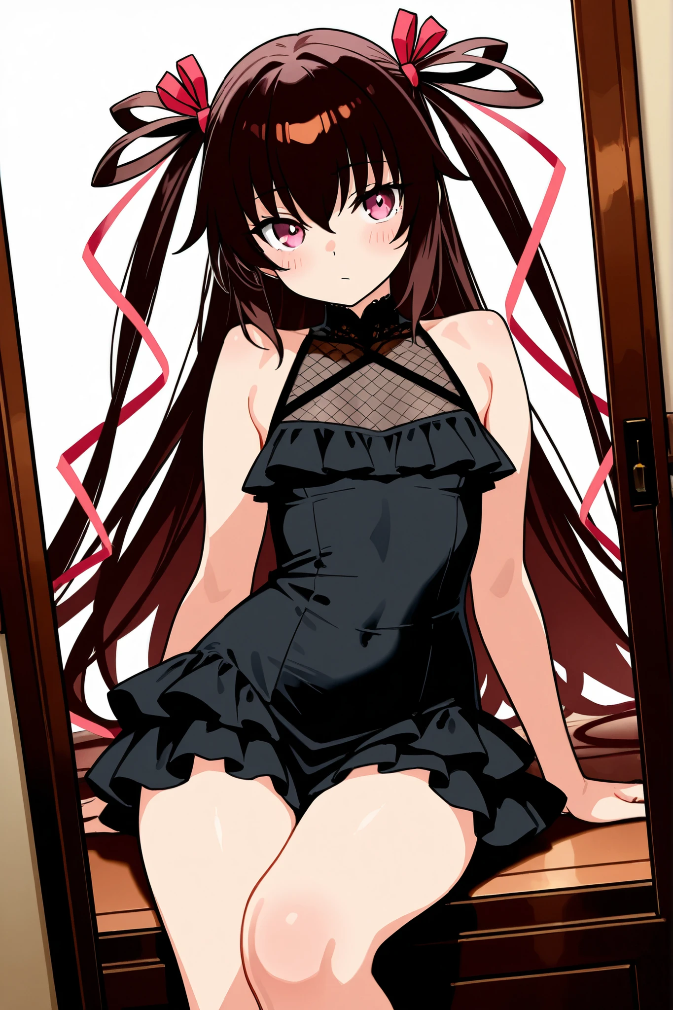 score_9, score_8_up, score_7_up, source_anime,
kurumitokisaki, kurumi tokisaki, long hair, black hair, red eyes, hair over one eye, smile,
Chinese cheongsam, red chi-pao, lift chi-pao, long black fishnet stockings, High heels,black lace underwear,
outside,lower viewing angle
looking at viewer, squat