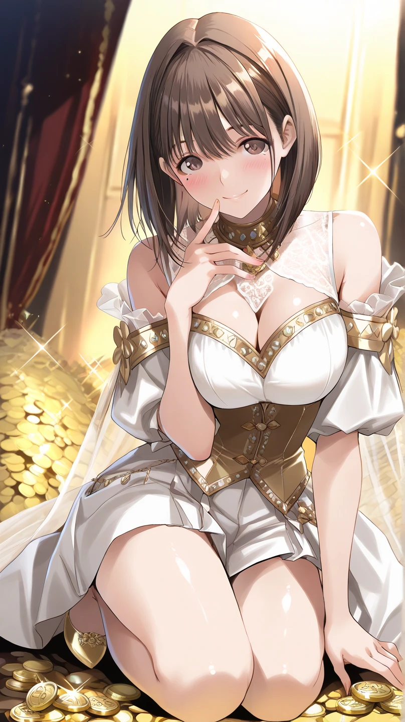 masterpiece、top-quality、8K、hight resolution、A hyper-realistic、ighly detailed、(独奏:1.4)、(Detailed object textures)Neat and clean woman、White silk bustier、 garterbelts、White shiny stockings、(Tied with a rope:1.3)Sitting on the edge of the bed、Open your legs to the left and right、Hands raised behind the head、Collar chained、White high heels、lithe body、A slender、[((25-years old)、(short dark hair:1.2)、full body Esbian、(Brown eyes:1.2)、Old mansion、inside in room、huge udder、troubled look、sexual expression invitation
