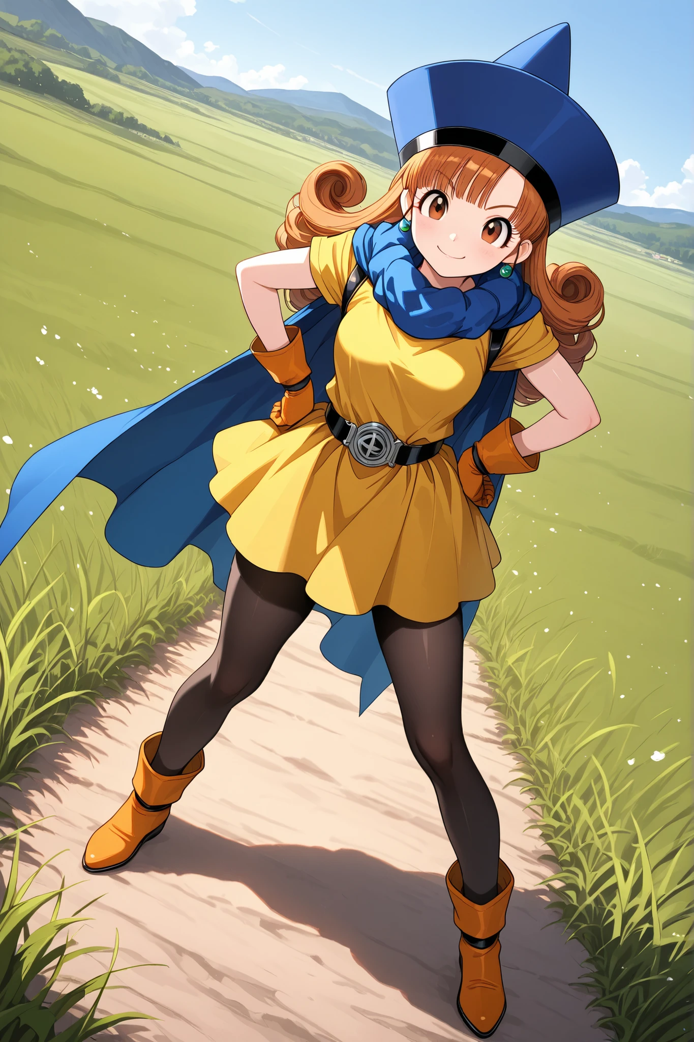 masterpiece, best quality, ultra-detailed, highres,
1girl, solo, \(Alena from Dragon Quest Ⅳ\), very cute face, cute girl, brown eyes, brown hair, long curly hair,
yellow dress, short sleeves, cape, gloves, scarf, hat, pantyhose, dress,
hands on hips, confident pose, looking at viewer, slight smile,
full body, dynamic angle, plain background, clear blue sky, grassy field,
fantasy setting, reliable party member, cheerful atmosphere