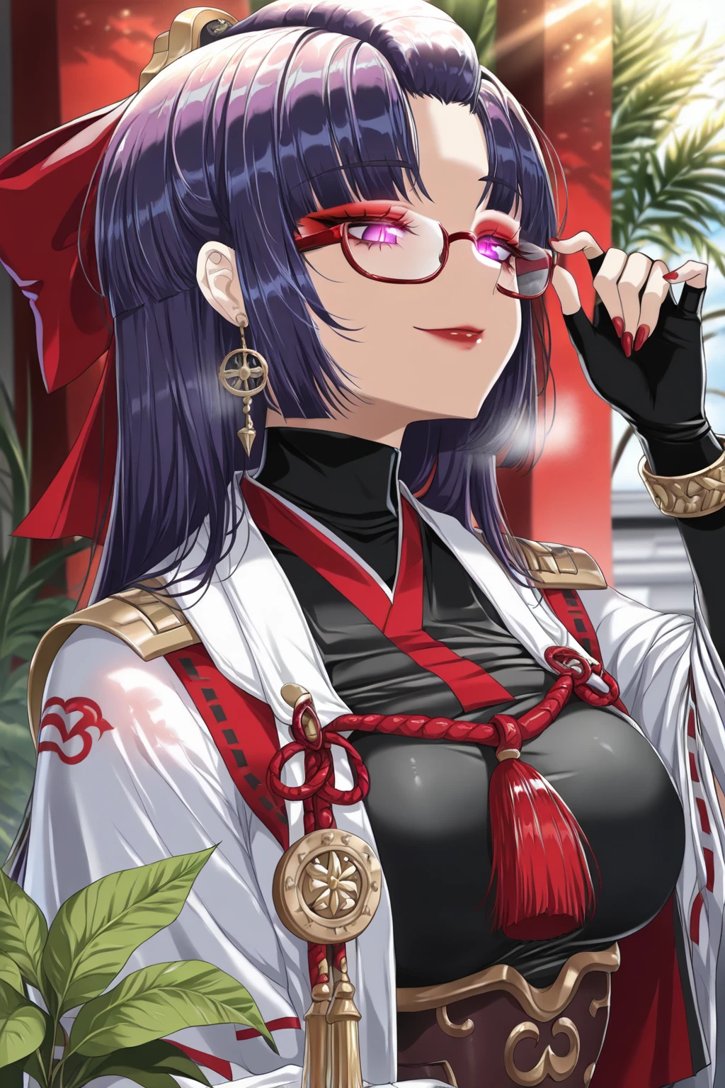 (puuzaki_puuna(punopupupu)-style), (hella_p-style:1.2), ((anatomical correct)), ((Cinematic, unreal engine, eye-catching, UHD, masterpiece)), ((perfect lighting)), perfect body, perfect eyes, perfect fingers, gasping, heavy breathing, gasping profusely, ((skindentation)), ((curvy)), SHIKOKU_(MATO_SEIHEI_NO_SLAVE), purple hair, purple eyes, slit pupils, long hair, hair bow, red bow, parted bangs, ribbon trim, half updo hair, bangs_pinned_back, straight hair, ((medium breasts)), plump, 1girl, solo, glasses, gloves, jewelry, scar, adjusting_eyewear, scar_on_face, earrings, upper_body, black_gloves, fingerless_gloves, closed_mouth, blurry, fur_trim, breasts, smile, bracelet, eyeshadow, makeup, red_nails, tassel, red-framed_eyewear, eyelashes, outdoors, blurry_background, flower, (dappled sunlight)), (glowing eyes:0.8), (Bokeh:0.8), shadow, plant, looking down,