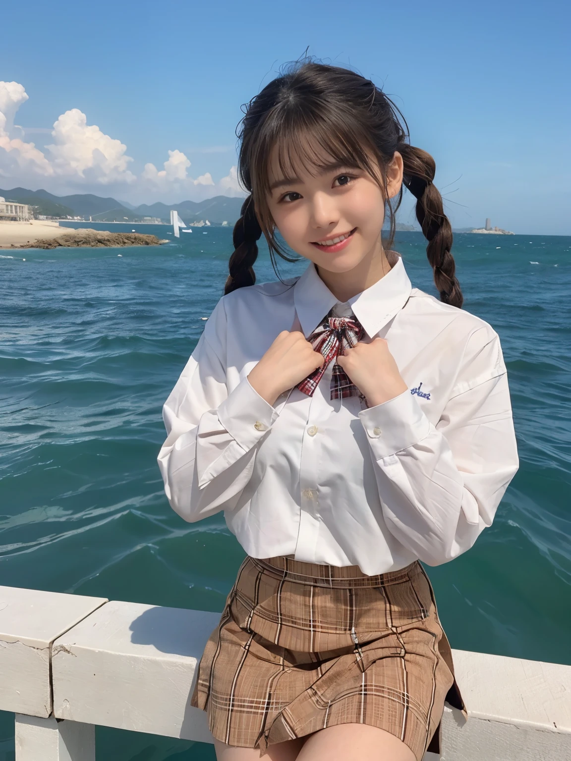 (1girl), kawaii, (round eyes:1.2), (highly detailed face and eyes), (big smile), Amazing face and eyes, (school uniform, pleated mini skirt:1.3), (Best Quality:1.4), (Ultra-detailed), (extremely detailed CG unified 8k wallpaper), Highly detailed, High-definition raw color photos, Professional Photography, Realistic portrait, summer, (beach), (fine face:1.2),
