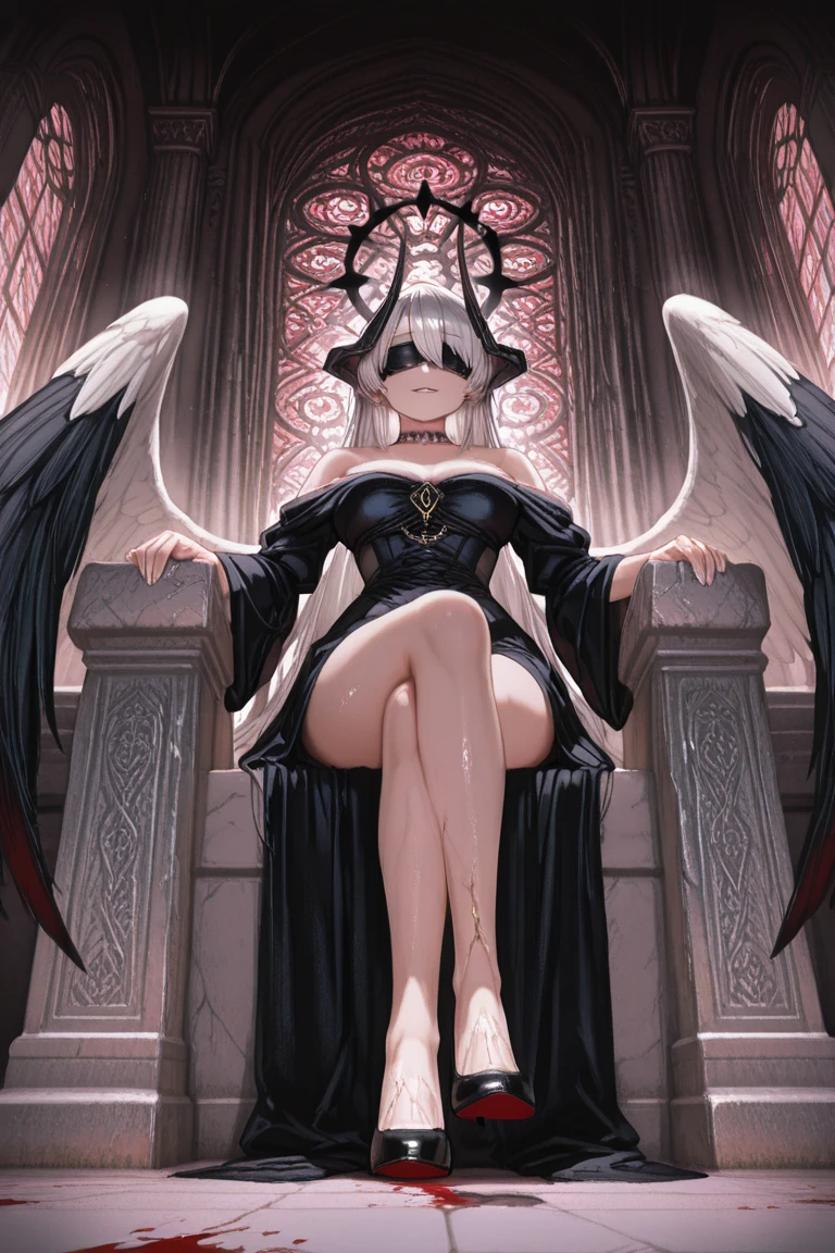 ((best quality)), ((masterpiece)), (detailed), 1girl, Character design, female, dynamic poses, long white grey hair, grey white eyes, very skinny, detailed, best quality, no accesoires around the neck, no shoes, prominent collarbones, skinny arms, flat stomach, visible hip bones, full body, blank white background, plain background, white background, red and white clothing, Bloodborne inspired, occult aesthetic, occult, detailed and intricate steampunk and detailed gothic, NSFW, Very dramatic and cinematic lighting, cosmic horror, grim-dark, side-lighting, perfect face, NSFW, Fluttering lace flared long knee length dress with frilly petticoats, knee length dress, pleated petticoats, petticoats gothic, complex lace boots, side-lighting, gothic aesthetic, wielding a mighty sword with mechanical components, mandalas, a fairy, various different types of insect wings, NSFW, full body, whole body, body, plain background, white background, blank background, no background, white background NSFW, chains, full body, whole body, head-to-toe NSFW