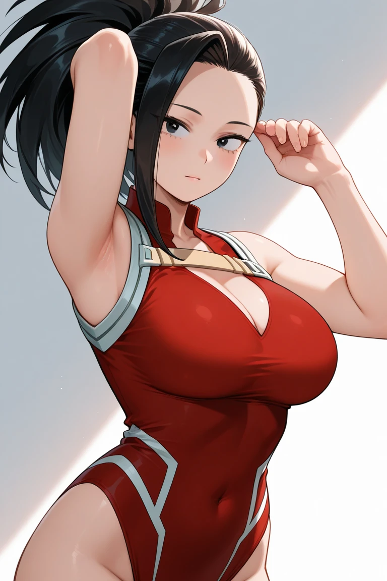 (Best quality:1.3), yaoyorozu momo, busty, cleavage, leotard, (pov, close shot), smiling, sexy, curvy body, erotic