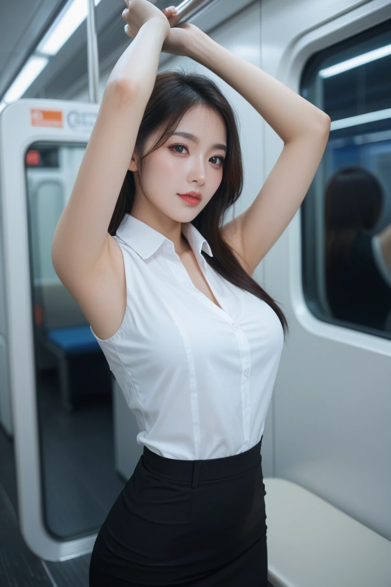 (a gorgeous lady, age 21, Flight Attendant uniform, Shenzhen Airlines Stewardess, wet white shirt, wet red mini-skirt, kneeling in a bathroom, dimpled smile, short ponytail hair, short bob hair, cute snaggle-tooth, well-endowed round bosom, long flawless legs, photorealistic, beautiful detailed eyes, beautiful detailed face, hyper-realism, high contrast, ultra HD, realistic skin textures, top image quality, top-quality, super high resolution, fine details, very meticulously, close-up shot, head to thigh, masterpiece, romantic night, dark bokeh background)