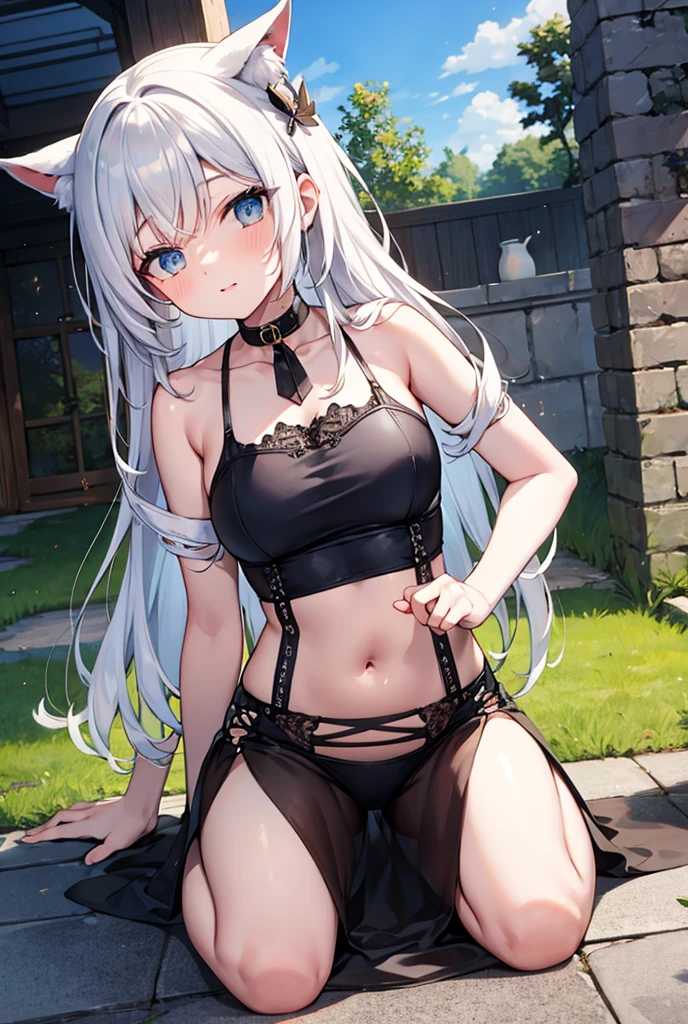 anime girl in a bikini with a cat ears and a sword, seductive anime girl, perfect white haired girl, beautiful alluring anime woman, beautiful alluring anime teen, anime barbie in white stockings, beautiful anime girl, attractive anime girl, small curvy , anime girl, girl with white hair, an anime girl, anime girls, anime girl in a maid costume, (dark skin:0.8)