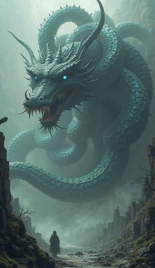 Please describe the Yamata no Orochi.。He is a giant many-headed snake、Known as a terrifying entity。Highlight the following features::
- **Appearance**: The Yamata no Orochi、It has eight heads and a long snake body.、Each head has piercing eyes and fearsome fangs.。body is black、The scales are hard、The way the snake's body undulates is impressive.。
- **Costume**: 特にCostumeはありませんが、Parts of the body are decorated with ancient magical patterns and decorations.。A poisonous green light is seeping out of my body.。
- **Movement**: 八つの頭がそれぞれ独立してMovement、It undulates like a snake while monitoring its surroundings.。Movementは非常に滑らかで、It is characterized by its crawling posture on the ground.。
- **background**: 山中の古代の神殿や崩れた石垣がbackground。There is a gloomy and mysterious atmosphere。
More realistic、4K.8k.Realistic、Add a sense of dynamism