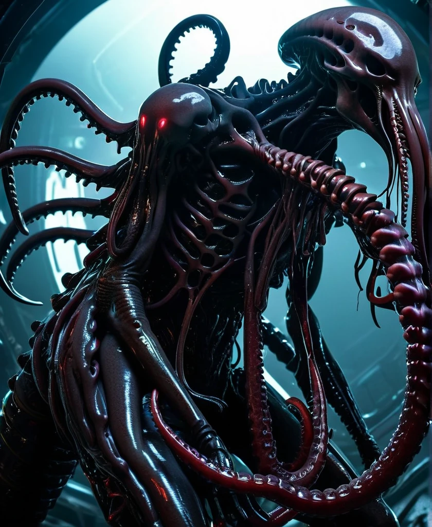 ((best quality)), ((masterpiece)), (detailed), a creature, pale, translucent skin, smooth skin texture like a dolphin, no hair, round head, (bulbous head), (no face), (no eyes), (smooth face), (bright gums) like a shark's mouth, (a squid-like beak coming out of the mouth), (protrusions along a ridged back), (breathing holes along the chest), a tail that splits into three tentacles, long skinny arms that it walks on, where the legs would be is another set of arms that are used for grabbing, H R Giger, Clive Barker's The Thing, xenomorph, necromorph, predator, Engineer, sci fi horror, cosmic horror