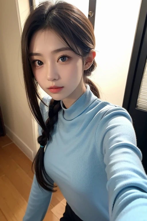 (top-quality、​masterpiece:1.2)、超A high resolution、((realisitic))、Front lighting、intricate detailes、Exquisite details and textures、Body Portrait、1girl in、独奏、(年轻)、Facial Highlights、The upper part of the body、A detailed face、tear moles、shinny skin、Silver hair、poneyTail、Braid hair、looking at the viewers、big eye、(Light blue corset dress), 耳Nipple Ring、tiny chest、Slim body、beatiful backgrounds (City Hotel Rooms:1.2)、by the window、profetional lighting、photon maping、Radio City、physically-based renderingt、((hair is bunched up on the head))、爆乳、{{{​masterpiece, top-quality, illustratio,game_nffsw}}},　(hair is bunched up on the head)、A sexy、Cinematic、beatiful backgrounds、Body Portrait、A smile, (Blue sweater、MA-1 Jumper)