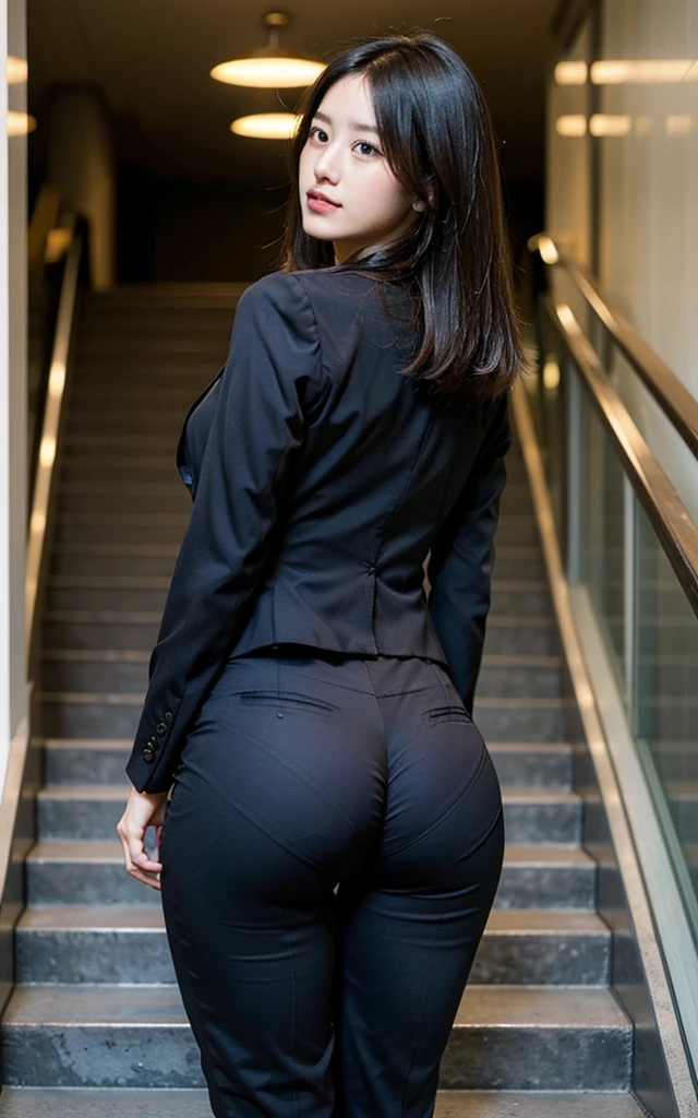 (4K)(1 girl)long whitr hair,pony tails,Wearing gold wire glasses,wear black suit,red high heel pumps,The body is slightly curved,ed buttk to look back,Feminine smile