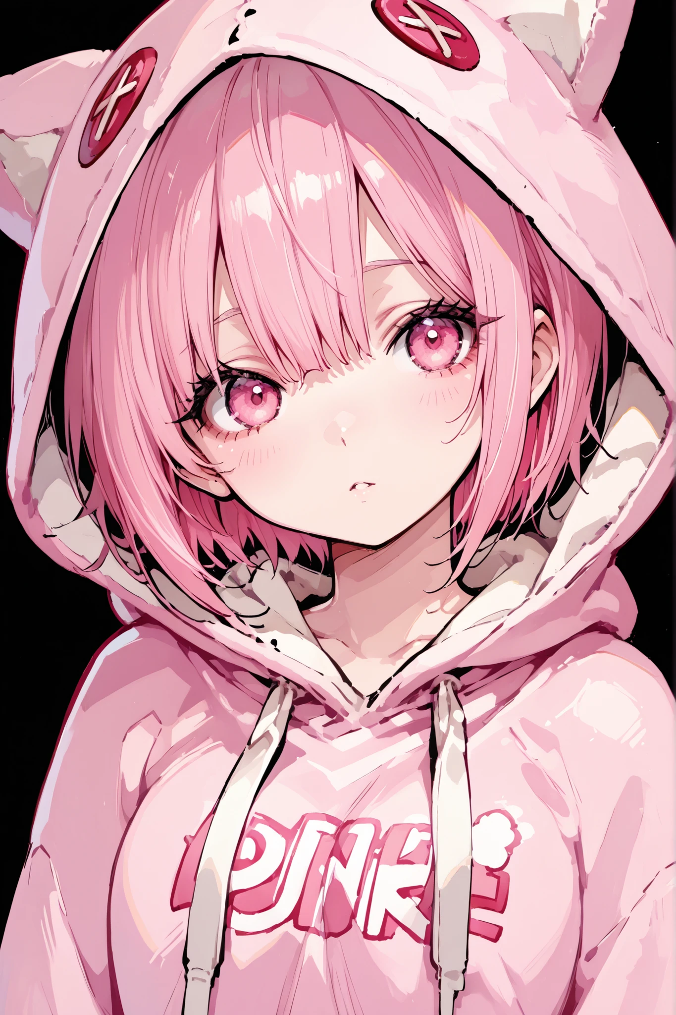 Beautiful girl pink short hair pink eyes pink hoodie
