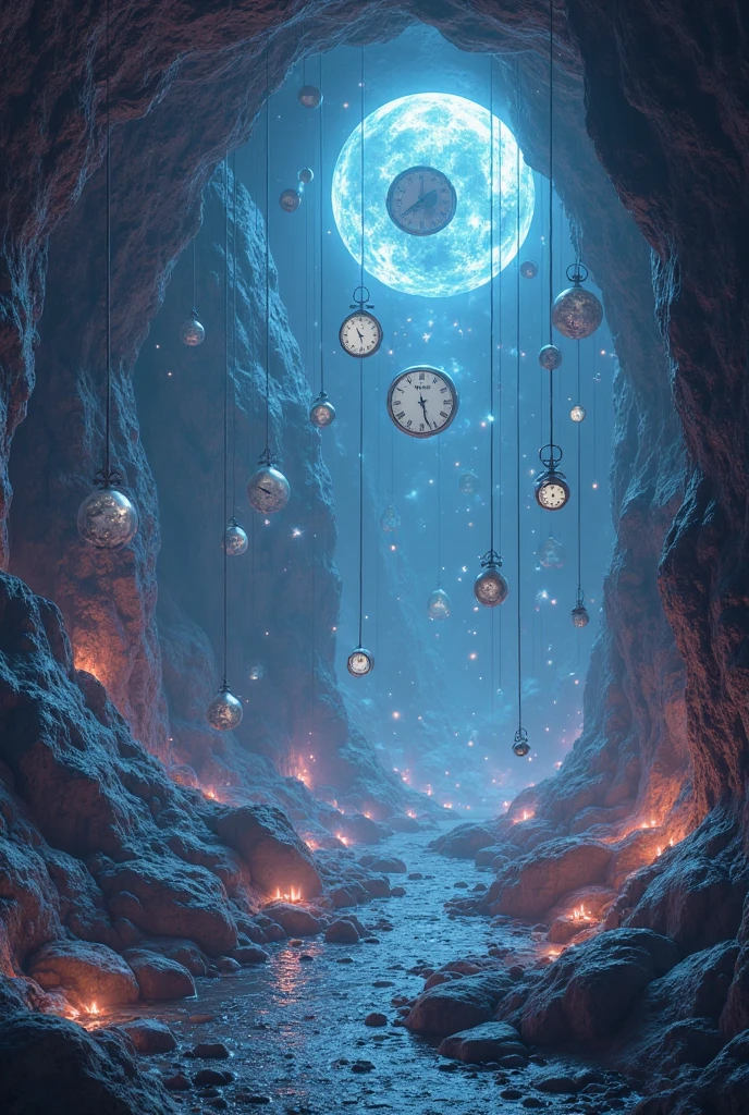 “A surreal timeless world inside a cave, glowing blue and purple lights, floating rocks, suspended clocks, no sense of gravity, mystical atmosphere.”