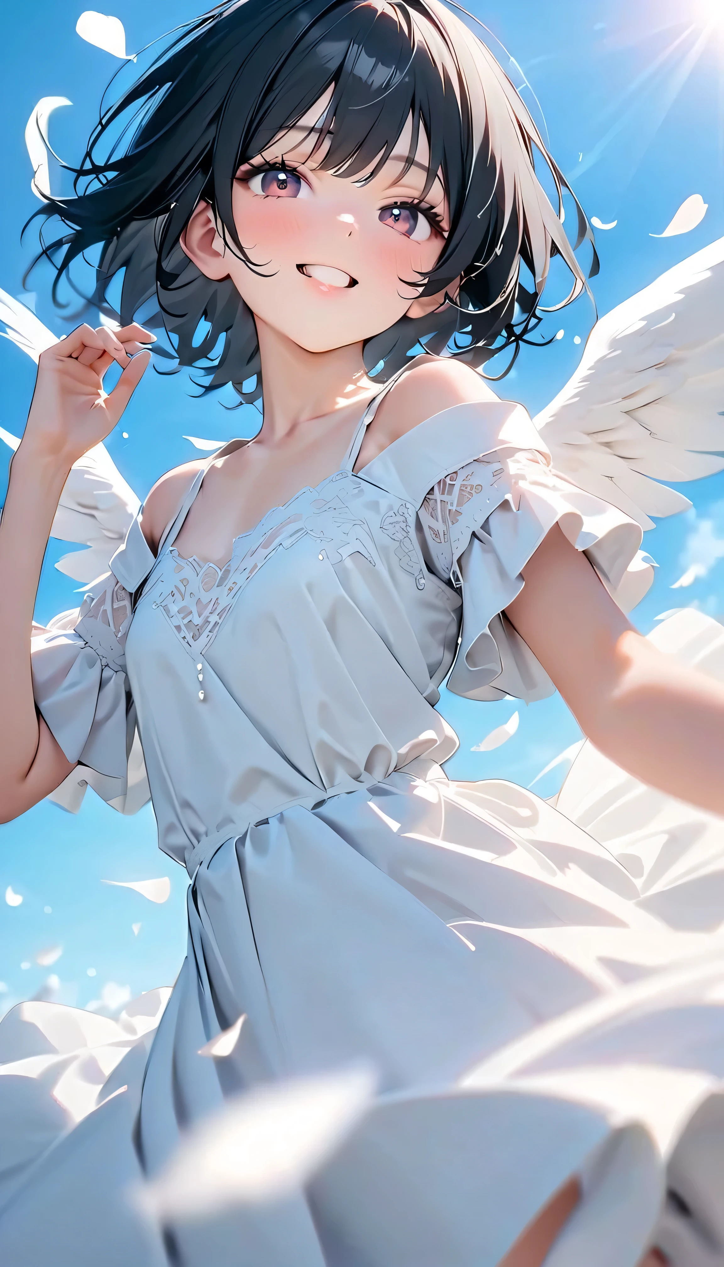 (Highest Quality:1.2, 非常にdetailsな, newest, Highest Quality, Best Aesthetics), 8K Ultra HD, 非常にdetailsな, details, bold configuration, (perfect human structure), beautiful and very delicate texture, (masterpiece:1.2, Highest Quality, Best Aesthetics, wind), (white petals dance:1.2, fantastic blue sky background:1.4), (shallow depth of field:2), windでwhite petals dance, delicate and dynamic, (Light reflection:1.2), (Halation of light:1.2), Romantic and sweet style, コンセプトアートwind, Blessed Virgin Mary white dress, bright light, Beautiful World, New World, accurate, dynamic angle, angel, 1 woman, upper body shot, black hair, bob cut, dark eyes, very young, short, flat chest, textured skin, shiny skin, charming smile, Girl Beauty , Miraculous Beauty Symbol, ((( white dress with lavish embellishments:1.2))), 2.5d, realistic