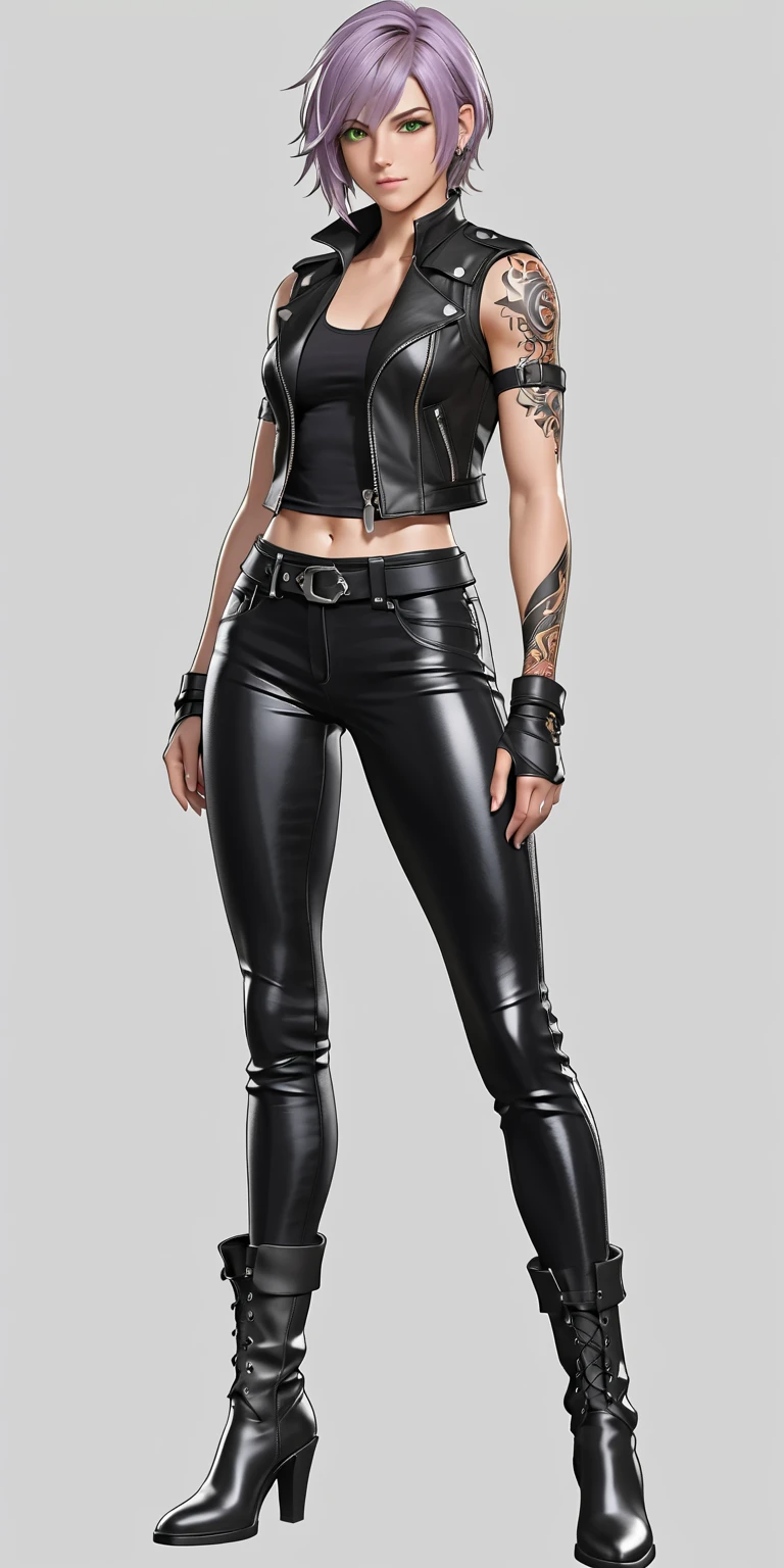 (white background:1.2),(full body:1.2),(photo realist: 1.2), (hiper realist: 1.2), (realistic: 1.2), (smoother lighting: 1.2), (Improve the quality of movie lighting: 1.2), (RAW photo:1.2), (better quality:1.2), (beauty:1.2), (masterpiece:1.2), (Physically based rendering:1.2), (ultra high resolution:1.2), (best quality:1.2),(standing:1.2),(short blonde hair:1.2), (ember eye color:1.2),(brown leather vest:1.2), (white shirt:1.2), (white long sleeves:1.2),(black necktie:1.2), (tight black leather long pants:1.2), (ankle boots:1.2),(fingerless gloves:1.2), (big breast:1.2),(sexy:1.2)