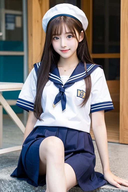 In detail,Full body photo、 One high school girl、High resolution, high quality、Slim body、Blonde、Perfect dynamic composition, Beautiful fine details, Twin tails、Natural color lip,Kamimei、18-year-old girl、Clear Skin、Yellow short-sleeved sailor suit、Red mini skirt、Thighs、Shiny Hair、最high quality, figure, Very detailed, In detail, High resolution, 8k、The correct state of the human body、Sculpture model pose,Dark blue walls,Sitting in a chair、Thighs are visible、smile、