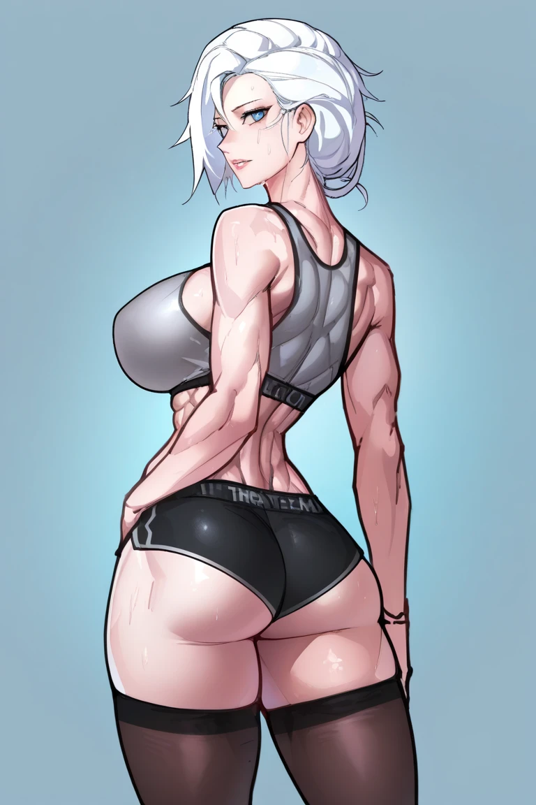 Realistic lighting, Top Quority, 8K resolution, (masterpiece: 1.3), (Clear focus: 1.2), 1 girl, delicate face, big double eyelidpression, Perfect anatomy of the body, (perfect body: 1.6), short white hair, hairband, (best breasts: 1.8), ((white sportsbra)), ((black short shorts)), sleeveless, midriff, abs, gym, indoors, exercising, (date: 1.1), 1080p, hyper HD, texture, super detailed, best quality, high detail, highest quality. Bea, ((full body shot))