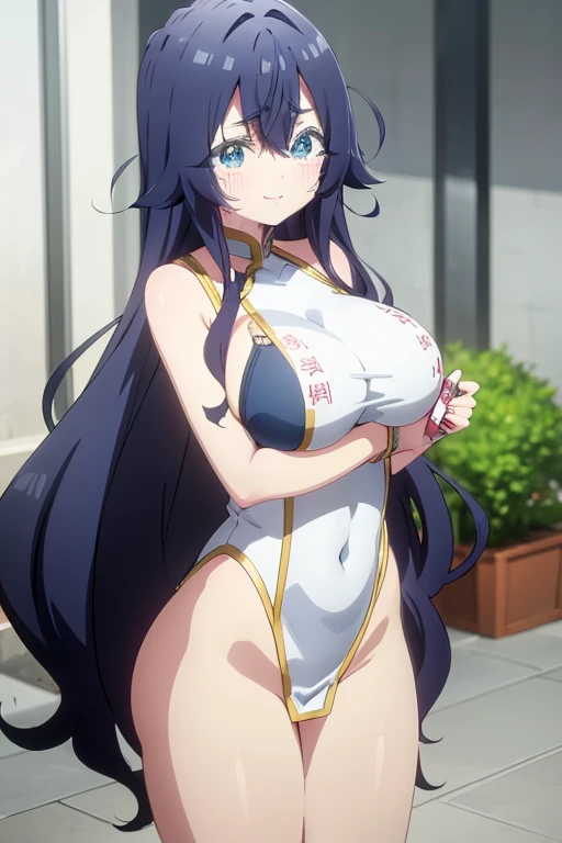 (tmasterpiece, Best quality at best:1.2),illustratio,8K,k hd,1个Giant Breast Girl,Alone,eBlue eyes,long whitr hair,Skinny swimsuit,the bow,Blue hair,hair adornments,Blue hair,shairband
