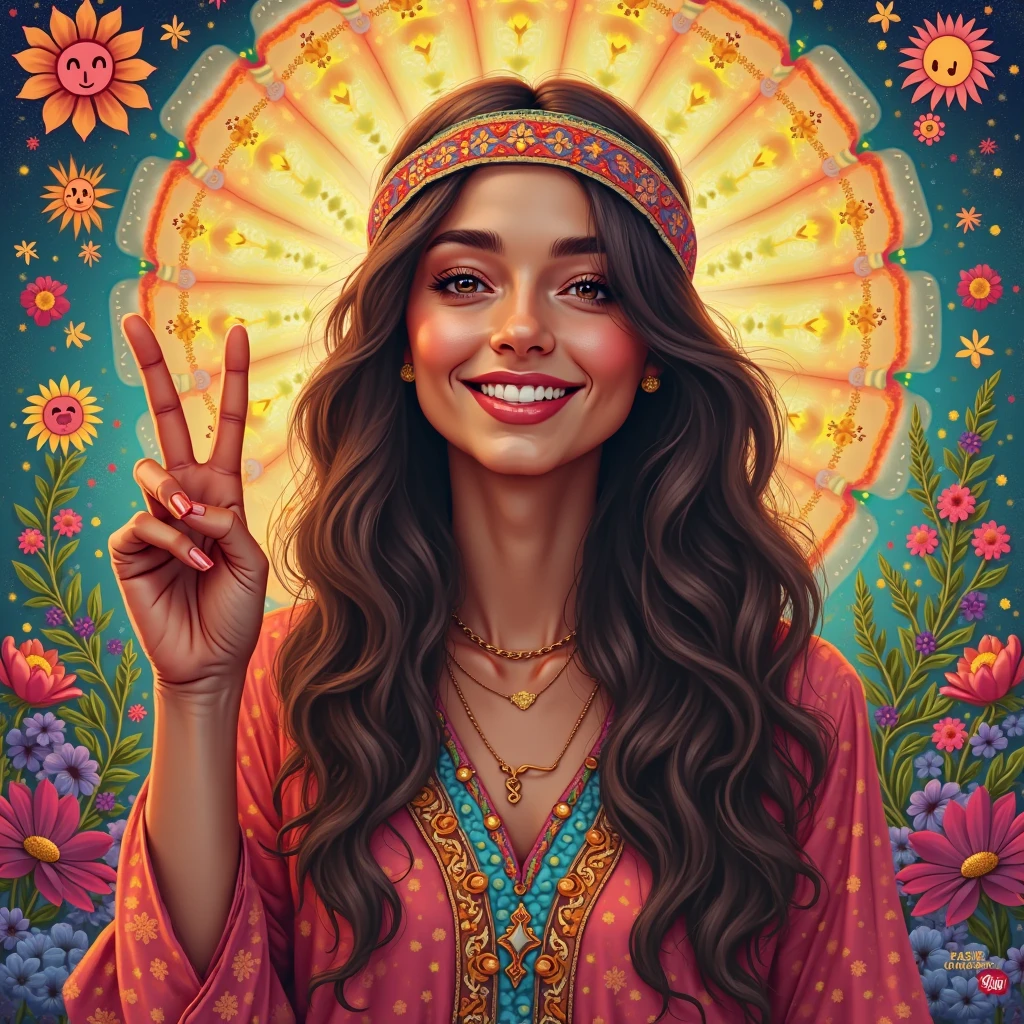 Une femme aux cheveux long brun foncé avec un bandeau habiller en peace and love hippy qui fais signe de la main dans un décor amusant entouré de symboles de peace and love 
