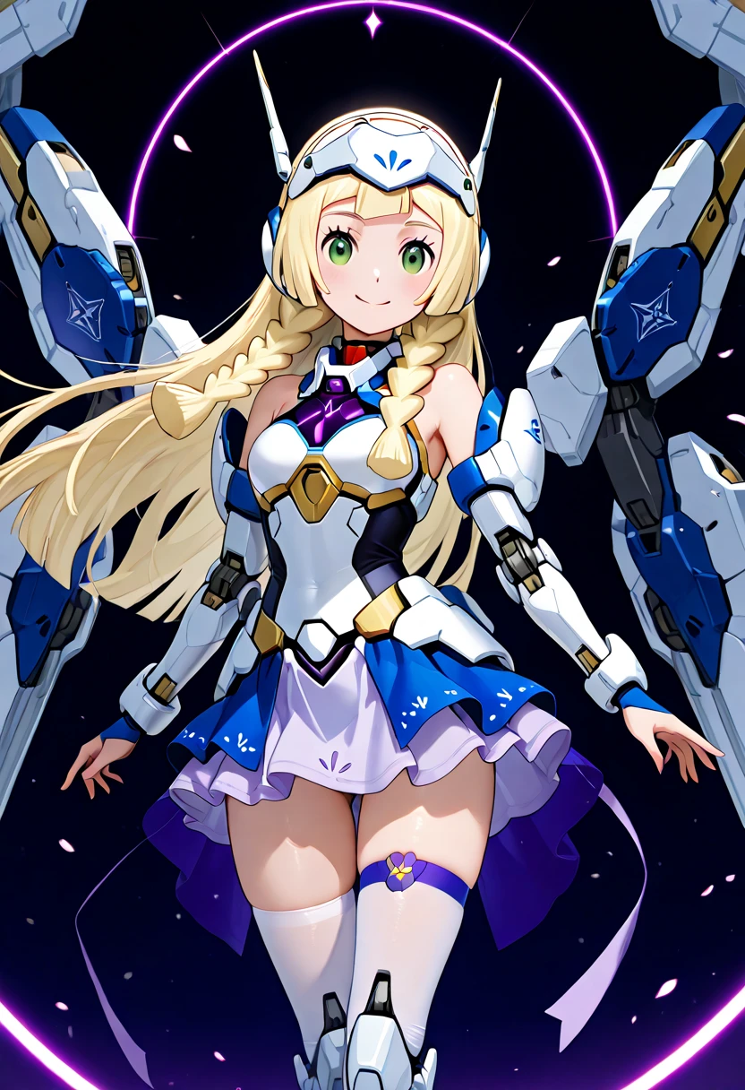 Female angel anime style Dorbach , Mecha Mini Dress 2D, Dynamic pose, Sitting, bridge ((Highest quality)), ((masterpiece)), (detailed) ((Centered Images)) smile