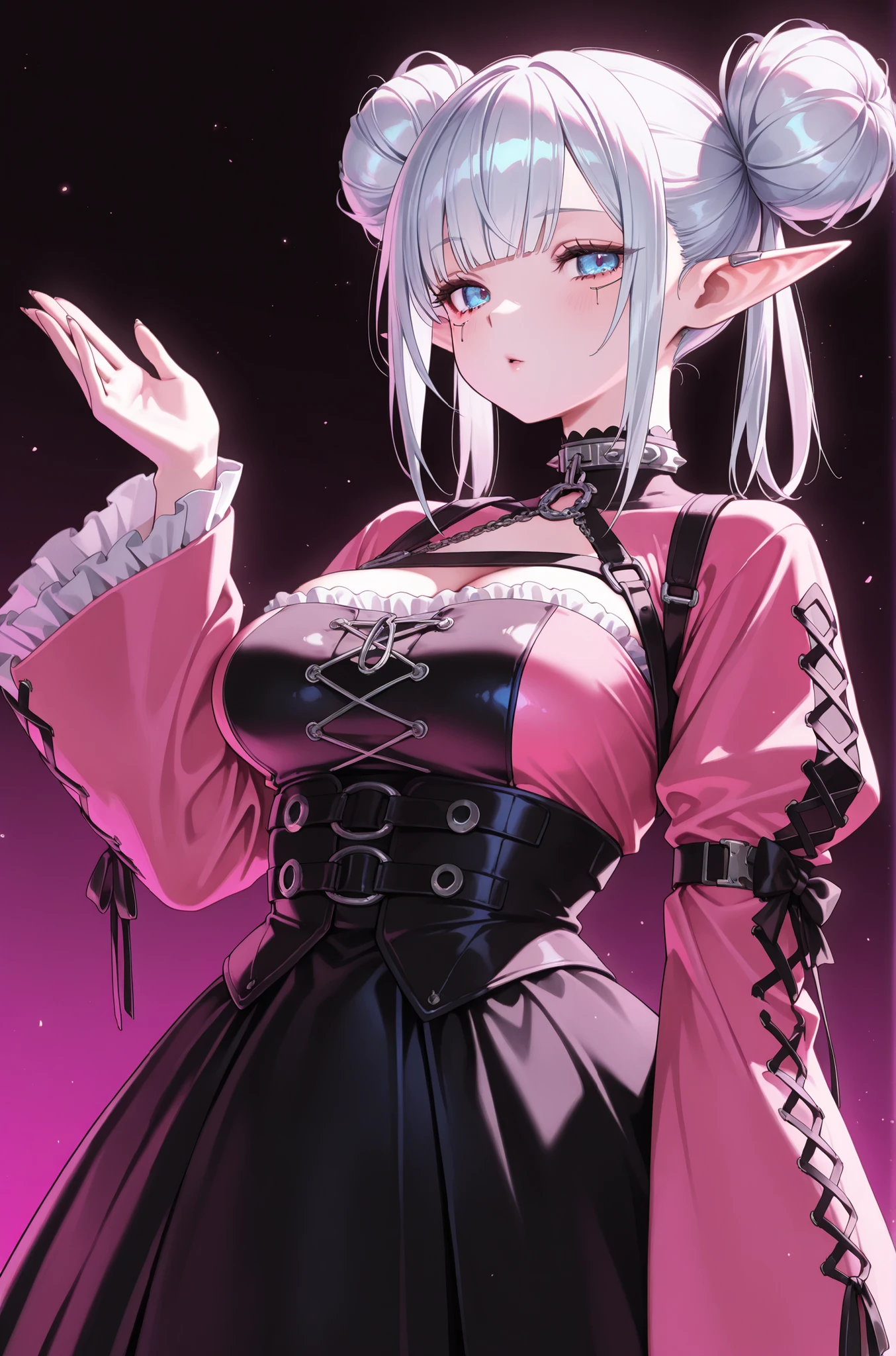 chubby woman, elf ears, blue irises, blue eyes, half-lidded eyes, medium breasts, pink and black cyebrpunk gothic dress, over the top of the outfit is a bolero with a high neckline and flared kimono sleeves, double buns with straight bangs, silver hair, a beautiful face in a seductive coy expression, cyberpunk portland