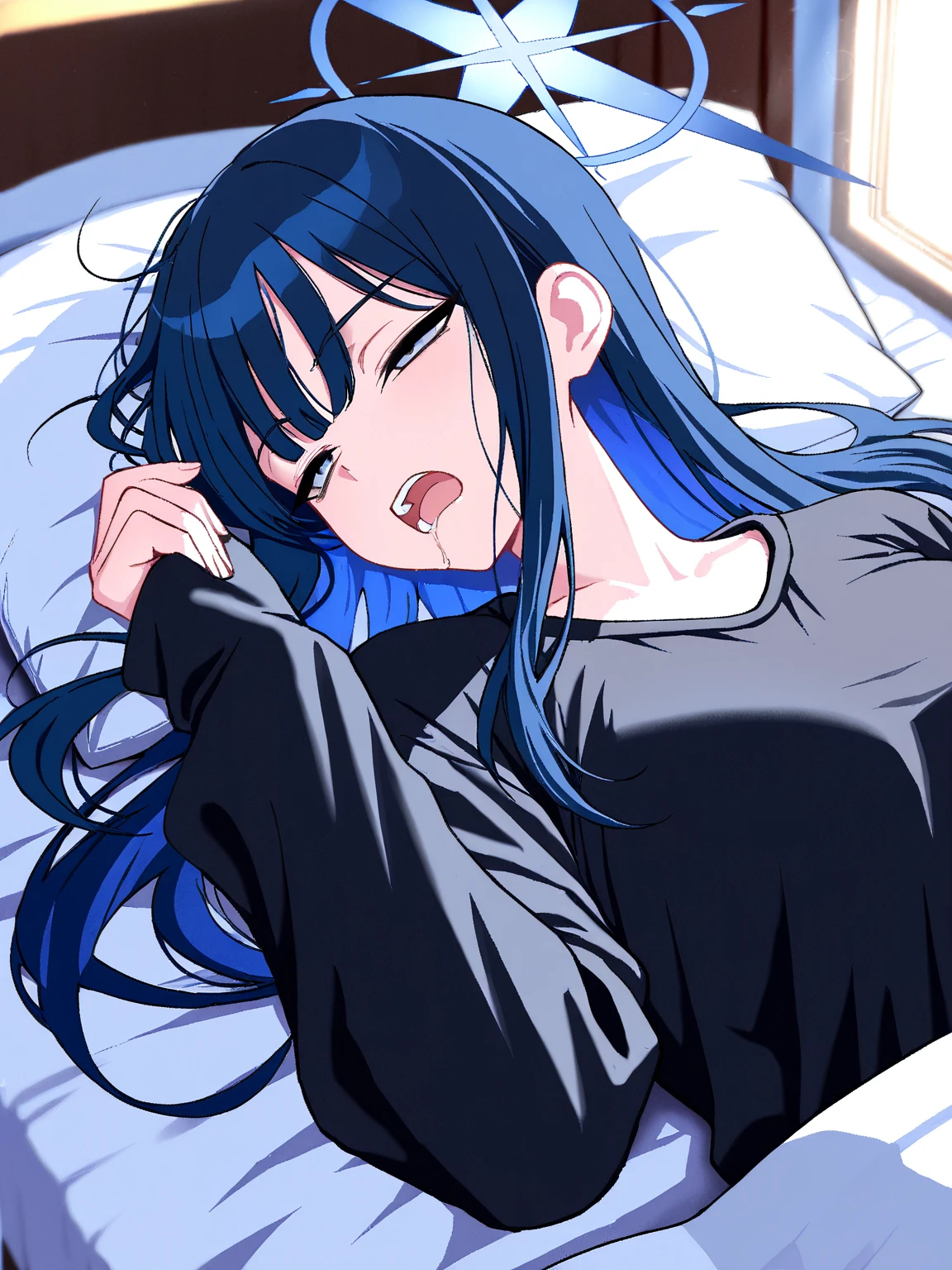 A mermaid girl with black hair, purplish blue eyes, fair skin, fish tail wearing a slightly revealing high school uniform was sleeping on a messy white bed.