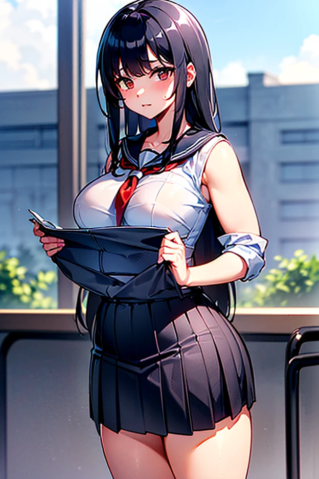 masterpiece, best quality, ultra detailed, art station, (full body in frame), 1girl, romanticism, solo, (detailed face), cute face, (((slim face))), ((sharp jawline)), blush:1.2, (heart shaped pupil:1.4), seductive smile, gasp, steam, (big eyes), panic, flustered, wind swept hair, cute choker, black choker, bowtie, (((tight school uniform))), (((mini school uniform))), (cropped school unform), ((bikini:1.4)), medium large boobs, perky boobs, puffy , perky , cleavage visible, showing off cleavage, showing off midriff, (showing off belly), bloated belly, (muffin top belly:1.1), abs, slightly muscular abs, accurate belly button, accurate lower belly, (slim waist), (wide hips), (panty strings:1.1), (((thong strings:1.1))), (mini skirt), thick thighs, (muscular thighs:1.2), (muffin thighs:1.2), thigh highs, looking at viewer, (dutch angle:1.2),facing the viewer, (background in an office:1.4), (dappling sunlight:1.2), (vibrant colours:1.2), bright colours