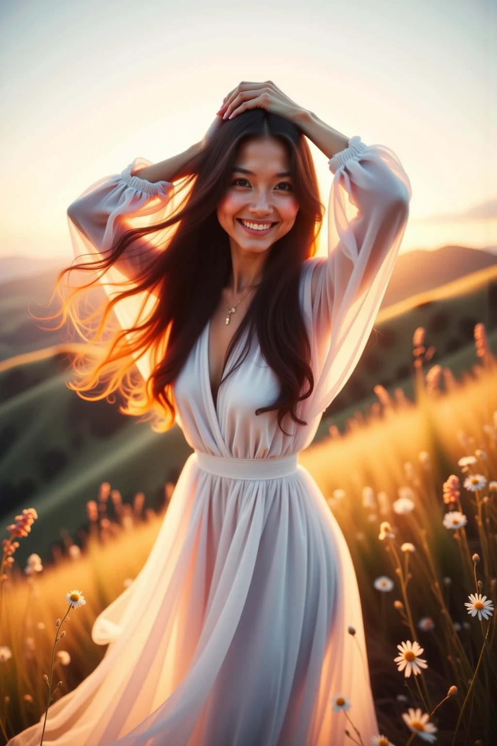 8k, high detailed picture, high quality picture, realistic style, masterpiece, hippiechiks, young girl, long dark disheveled hair, perfect blue eyes, light loose dress, ribbon on dress, a wreath of flowers on head, dancing, dress is fluttering in the wind, happy face, smiling