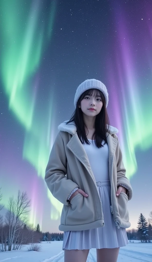 Best quality, 8k, perfect lighting, masterpiece, ultra high res, (photorealistic:1.4), raw photo,1girl, solo, realistic, looking at viewer, upper body, detailed arctic background, dark red winter clothes, dynamic pose, snow, snowflakes, night, aurora sky, detailed oily skin, red lips,