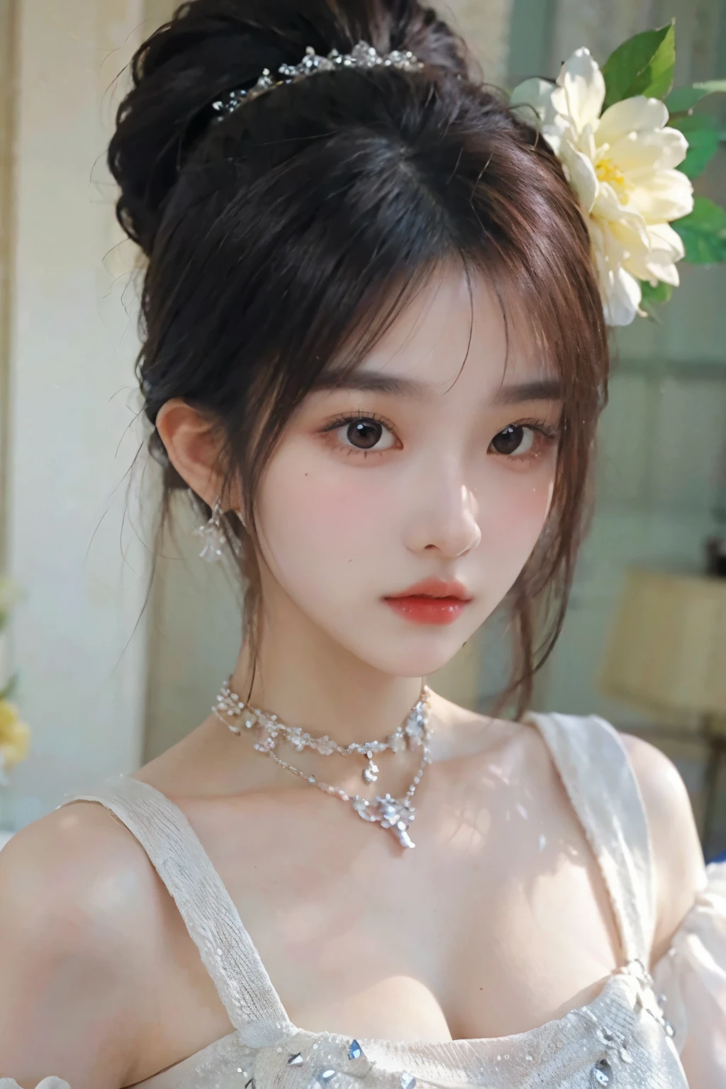 Garlic, sadness, tears, red, flower, (red clothes quality: 1.5), broken, ((tears))), (((crying))), black hair, asymmetrical hair, curtain hair, hair over the shoulder, ji scissors, long hair, parted bangs, bangs, oblique bangs, jewelry, jewelry, jewelry's gemstone branch, foam, kanzashi, bead necklace, headband, red headband, feather ornaments, hair beads, tears, crying with eyes open, makeup, sadness, crying, tearful, melancholy (expression), nervousness, unconscious, moaning, red lips, expressionless eyes, disappointment, despair, frustration, loneliness, frustration, sulking, worry, sobs, high detail, anime, depth of field, glowing light, blur, multimonochrome, stereogram, vignetting, chiaroscuro, close up, denim shot, uhd, anatomically correct, textured skin, masterpiece, ccurate, high quality, high detail, super detail, best quality, high resolution, 8k
