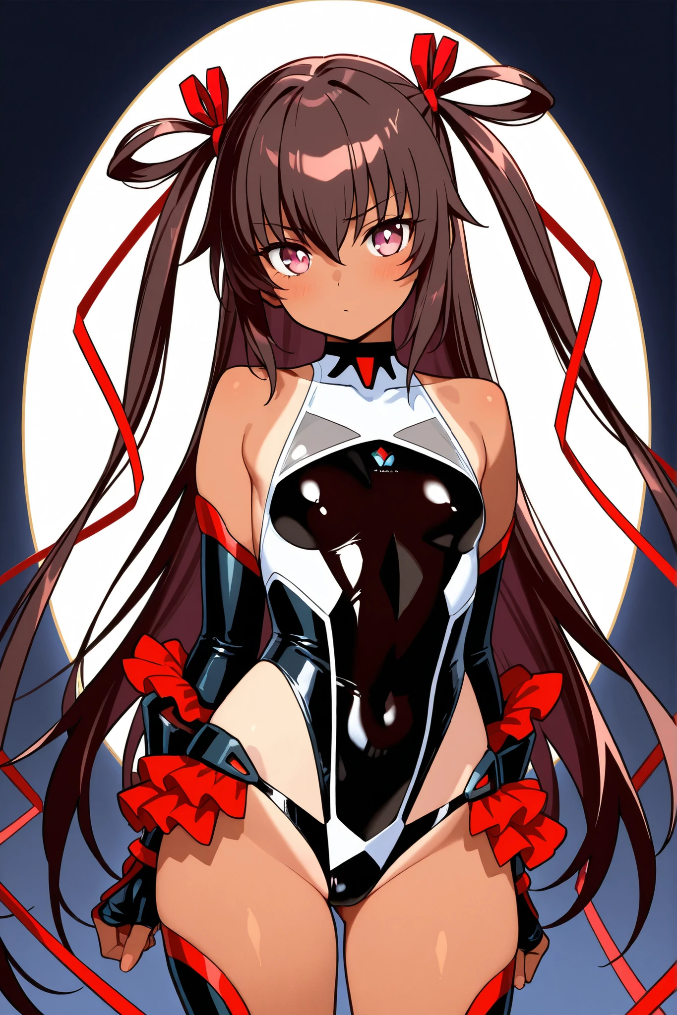 1girl, solo, shuten douji,mizukioutfit, shiny clothes, highleg leotard, black leotard, elbow gloves, fingerless gloves, frills, fishnets, red showgirl skirt, pink ribbon, fur trim, skin tight, impossible leotard, black thighhighs, thighhighs, bare shoulders, covered nave,smirk,grin, outdoors, night, village, stairs, contrapposto,cowboy shot,red theme,high contrast