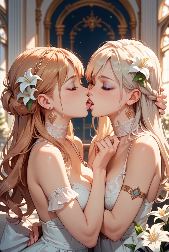 multiple girls, 2girls, long hair,kiss, Twins, the girl on the left has white hair, the girl on the right has black hair,blush, closed eyes, hair ornament,
selfcest, petals, very long hair, flower, hair flower, surprised,Starry sky background, rose flowers,yuri,lily,Dress,intending to receive kiss while preteding to reject,
dual persona, simple background, upper body,small breasts,left_right ,