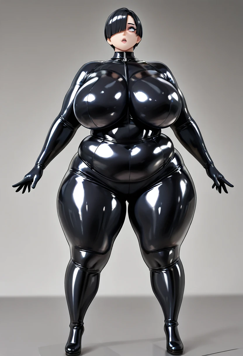 tmasterpiece,Burly woman,Exaggerated large muscles,latex suit,blackstockings,Maverick boots, largeeyes,ssmile,Full body like, Single female,Thin waist,Very broad shoulders, Strong and powerful arms,Strong and powerful leg muscles,thick calf,long leges