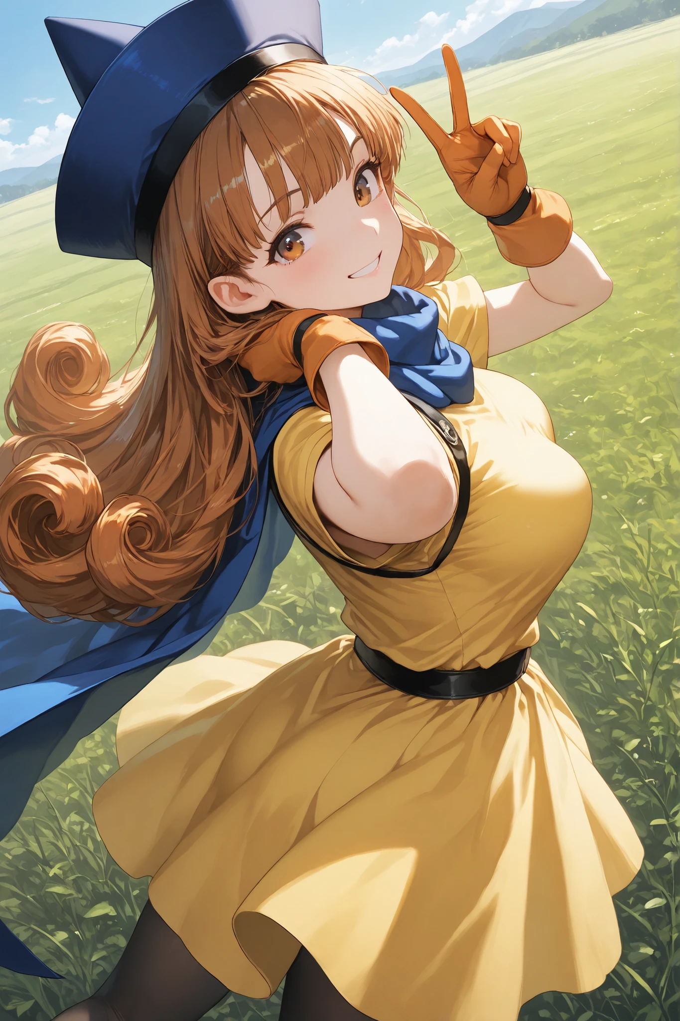 masterpiece, best quality, ultra-detailed, highres,
1girl, solo, alena, very cute face, cute girl, brown eyes, brown hair, long curly hair, large breasts,
yellow dress, short sleeves, cape, gloves, scarf, hat, pantyhose, dress,
over shoulder pose, peace sign, looking back, smiling, cheerful expression,
full body, dynamic angle, plain background, clear blue sky, grassy field,
fantasy setting, cheerful atmosphere