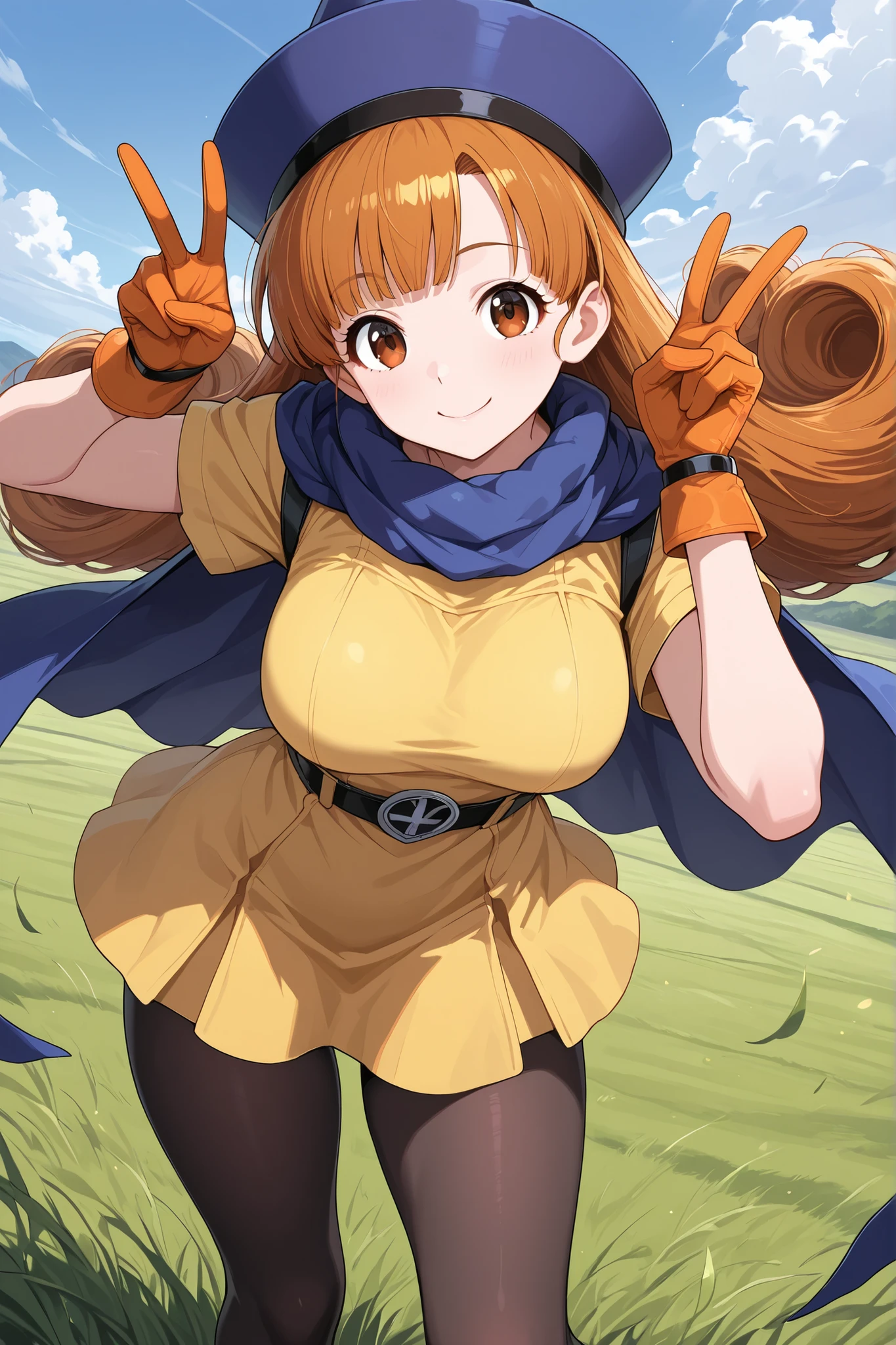 masterpiece, best quality, ultra-detailed, highres,
1girl, solo, alena, very cute face, cute girl, brown eyes, brown hair, long curly hair, large breasts,
yellow dress, short sleeves, cape, gloves, scarf, hat, pantyhose, dress,
over shoulder pose, peace sign, looking back, smiling, cheerful expression,
full body, dynamic angle, plain background, clear blue sky, grassy field,
fantasy setting, reliable party member, cheerful atmosphere