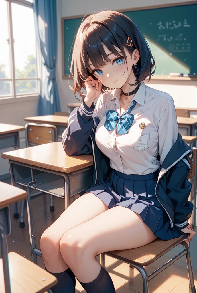 (Best Quality:1.3)、1girl in、hi-school girl、a miniskirt、desk work、Sit up、Angle from directly above、Cute anime illustration、
